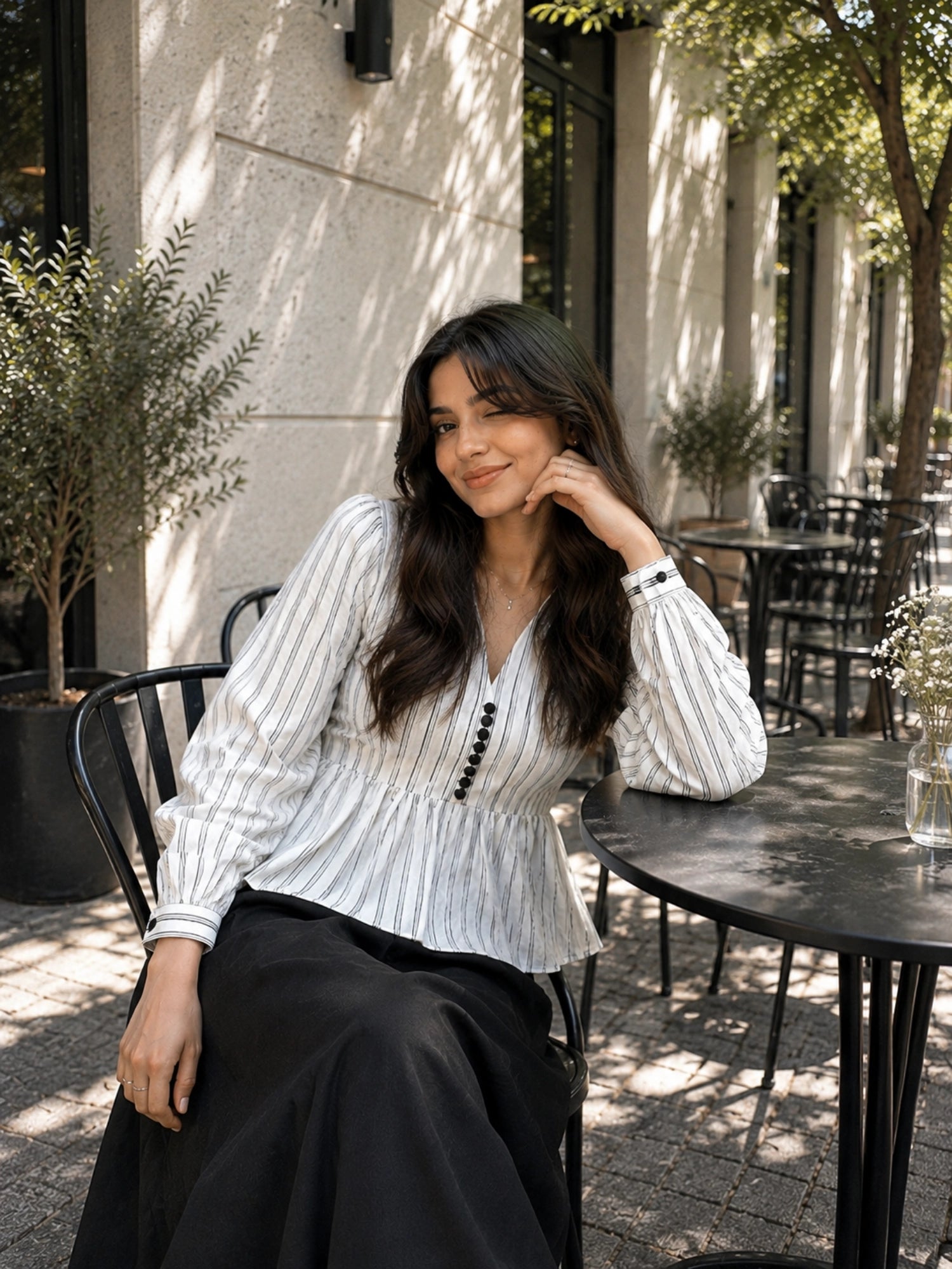 Classic Striped Peplum Top & Black Maxi Skirt Co-ord Set for Women featuring a stylish café setting