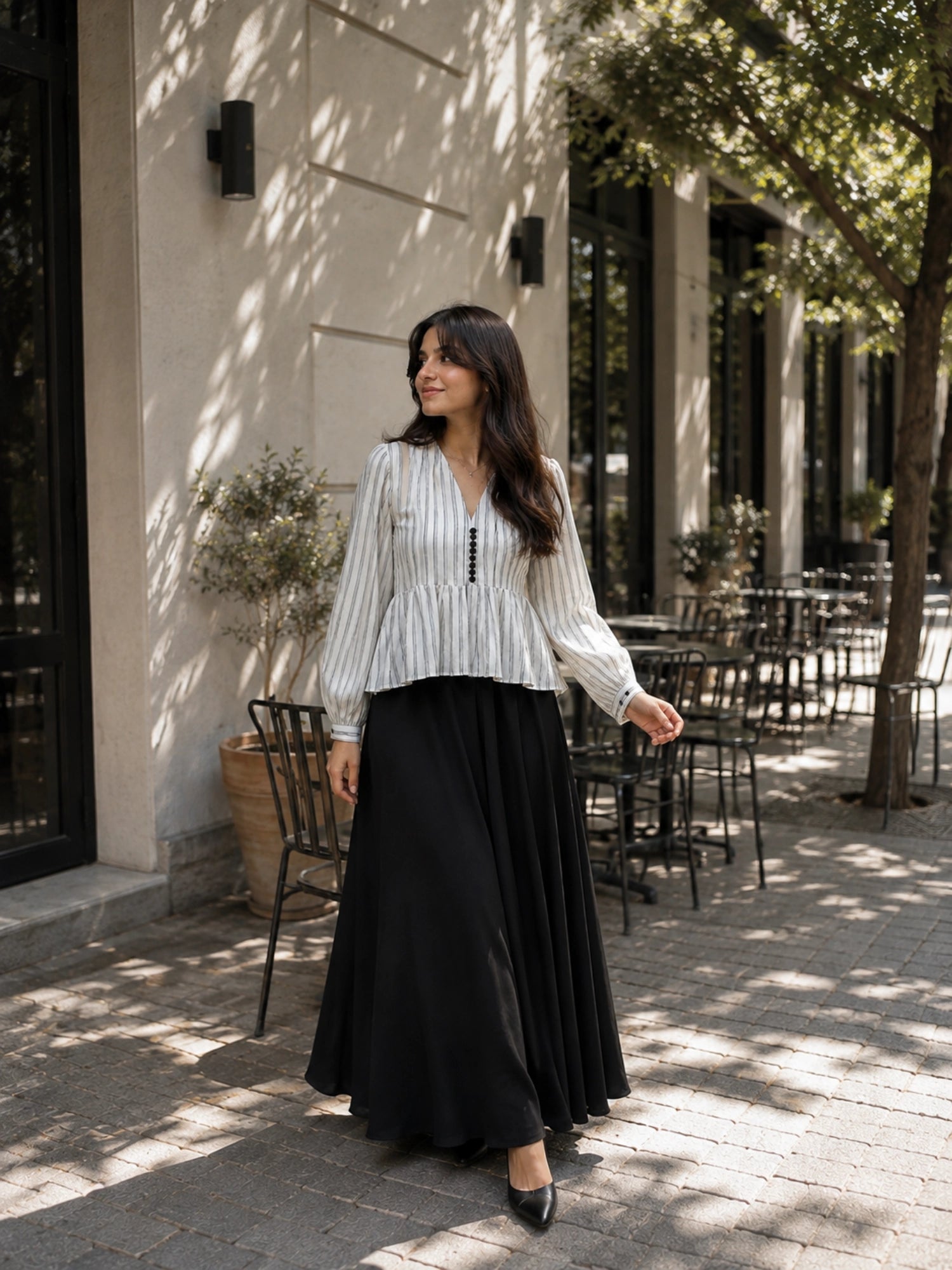 Classic Striped Peplum Top & Black Maxi Skirt Co-ord Set for Women styled for an outdoor setting