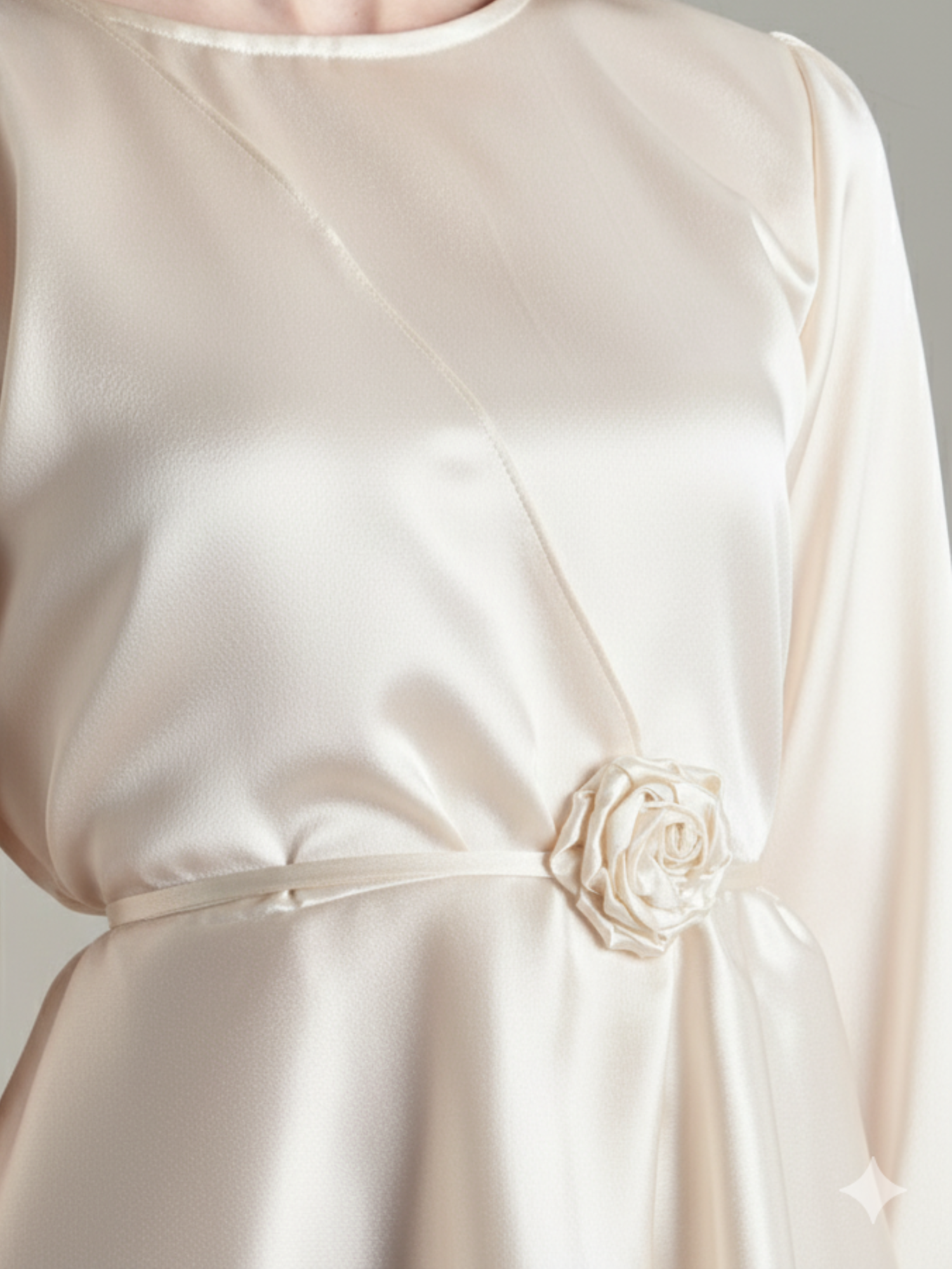 Elegant Yezwe Co-Ord Set featuring a satin blouse with a rose detail at the waist