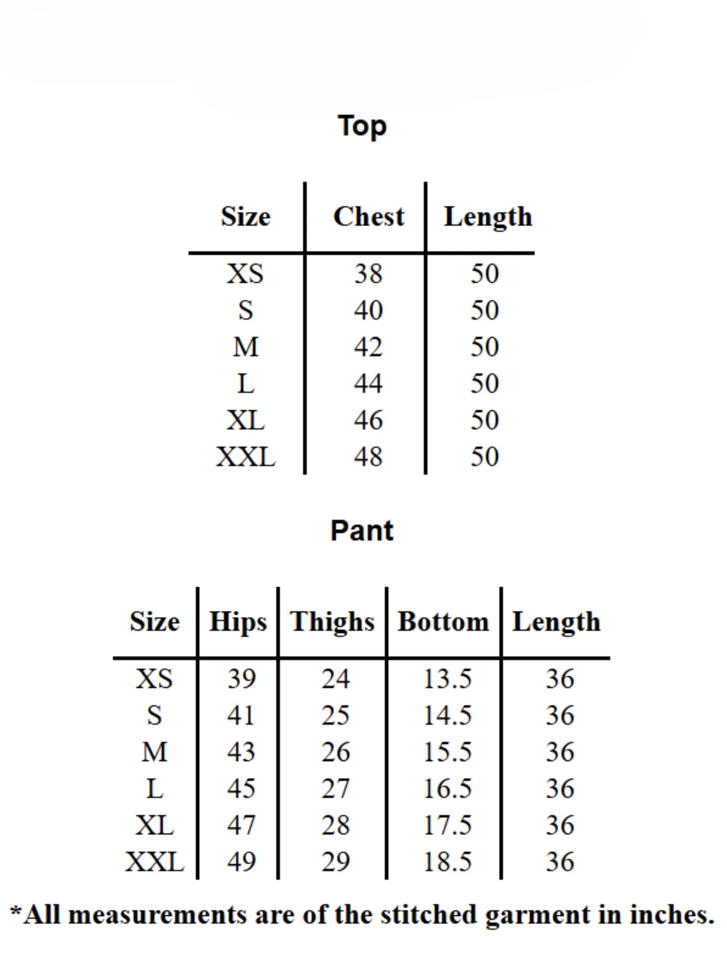 Size chart for YEZWE Co-Ord Set showing measurements for top and pant in XS to XXL