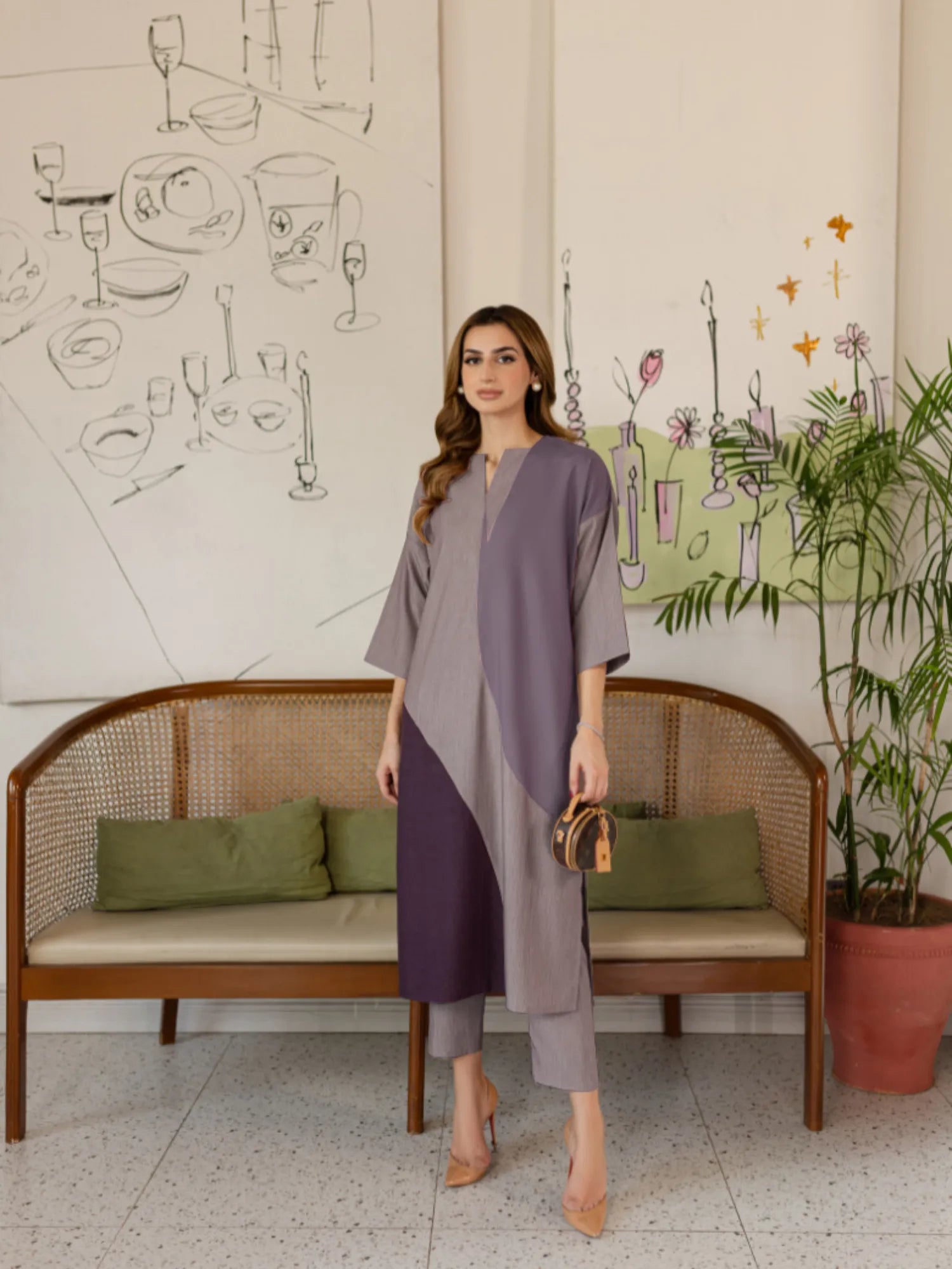 YEZWE stylish Co-Ord Set featuring a color block tunic and matching pants worn with nude heels