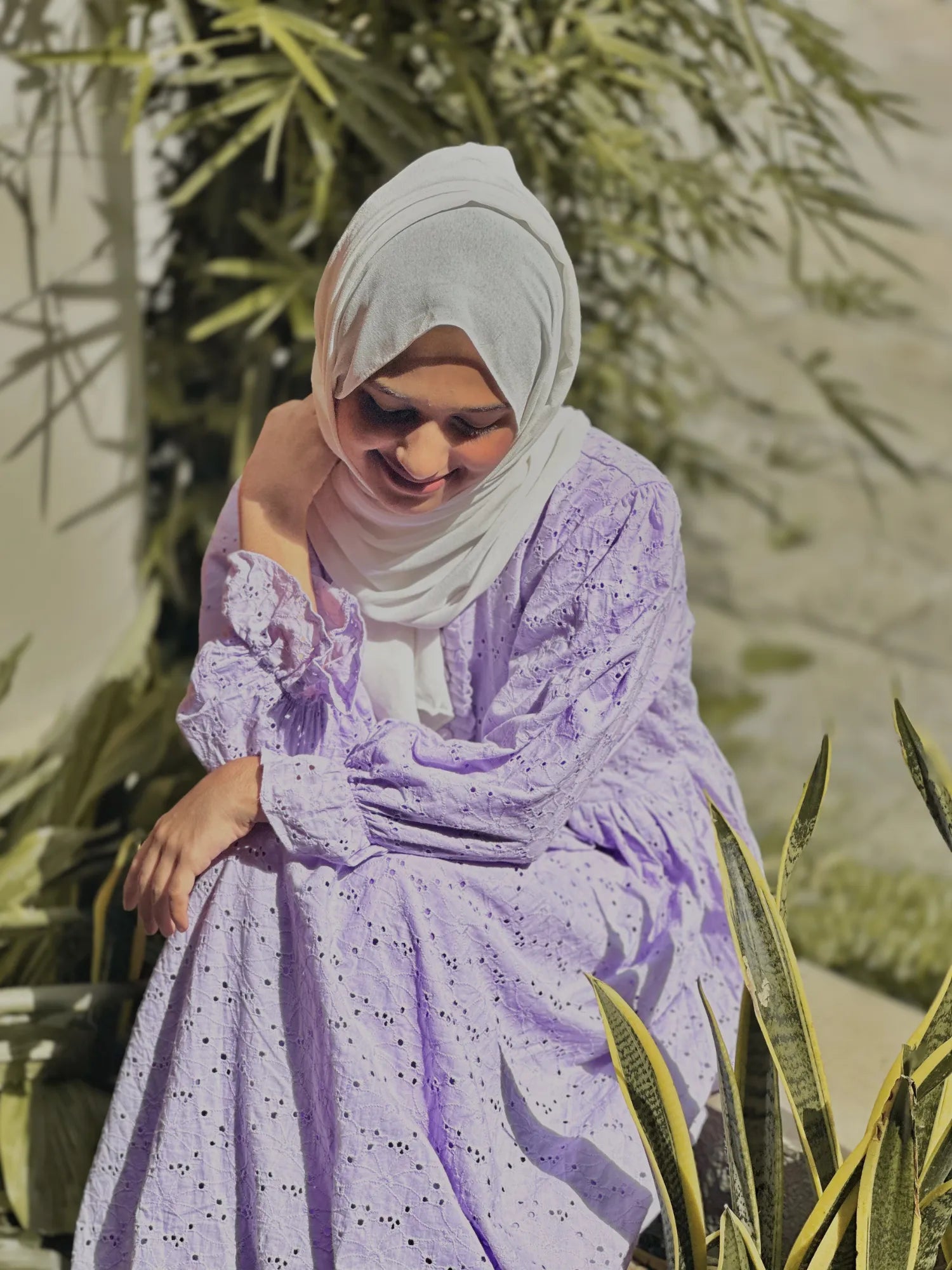 Yezwe Customizable Modest Dresses India in lavender with intricate eyelet design and long sleeves