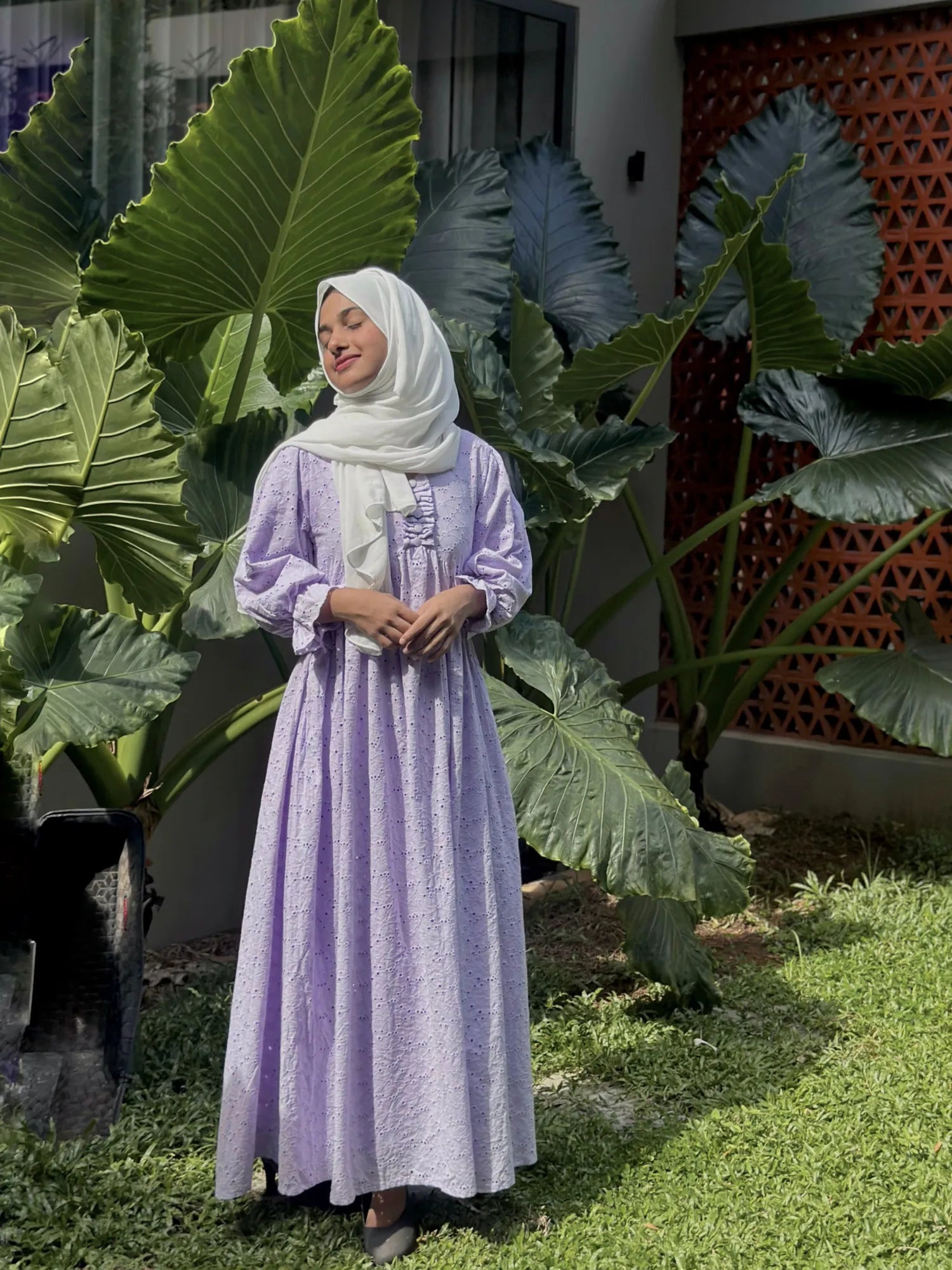 Yezwe Customizable Modest Dresses India in Lavender with Balloon Sleeves and Pearl Buttons