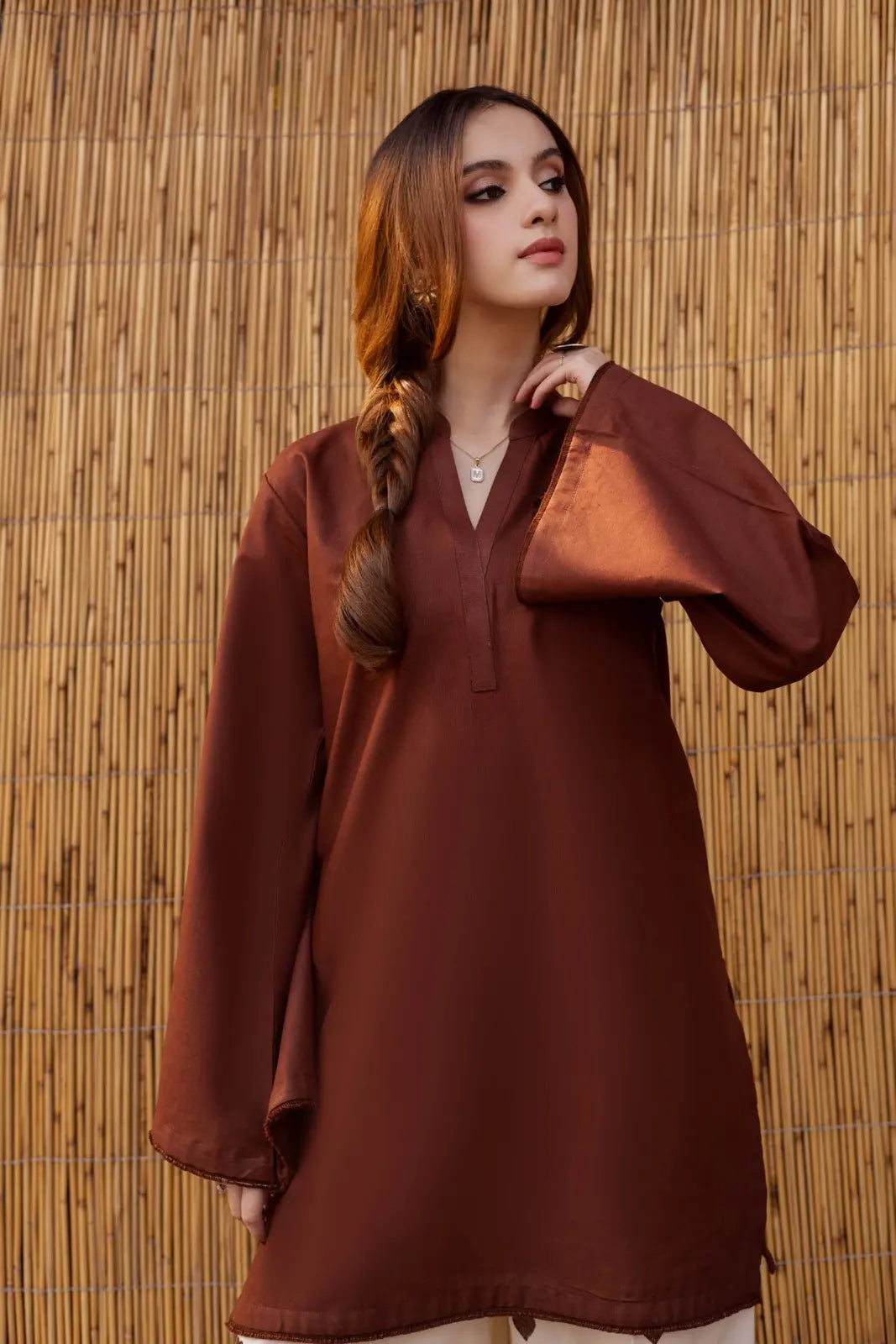 YEZWE Brown CO-ORD Set featuring a stylish tunic with bell sleeves for a trendy look
