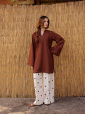 YEZWE women's co-ord set featuring a brown top with bell sleeves and heart-patterned cream pants