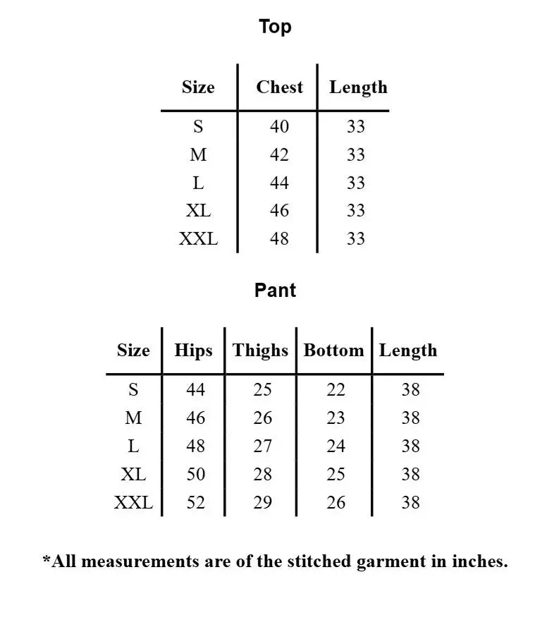 YEZWE Co-Ord Set Size Chart with Measurements for Tops and Pants in Inches