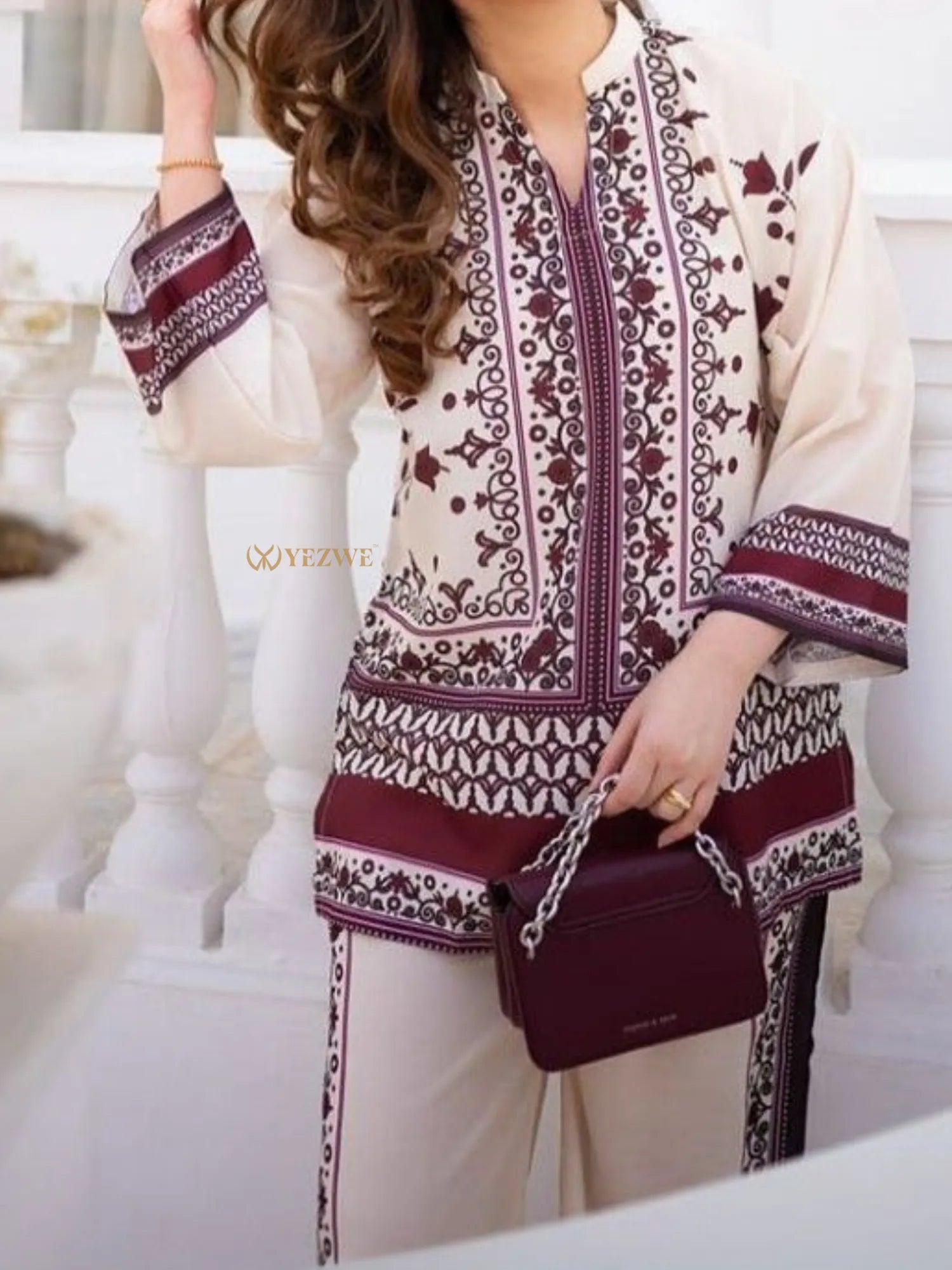 YEZWE Women's Co-Ord Set with Elegant Embroidery in Cream and Burgundy for Stylish Casual Wear