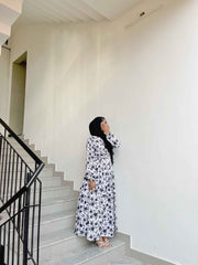 V-Neck Floral Black and White Classy Maxi Dress-YEZWE MODEST WEAR