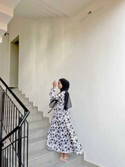 V-Neck Floral Black and White Classy Maxi Dress-YEZWE MODEST WEAR