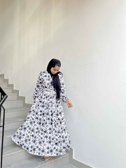 V-Neck Floral Black and White Classy Maxi Dress-YEZWE MODEST WEAR