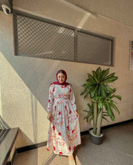 Floral V-Neck Maxi Dress with Silky Touch Fabric - Yezwe Modest Wear
