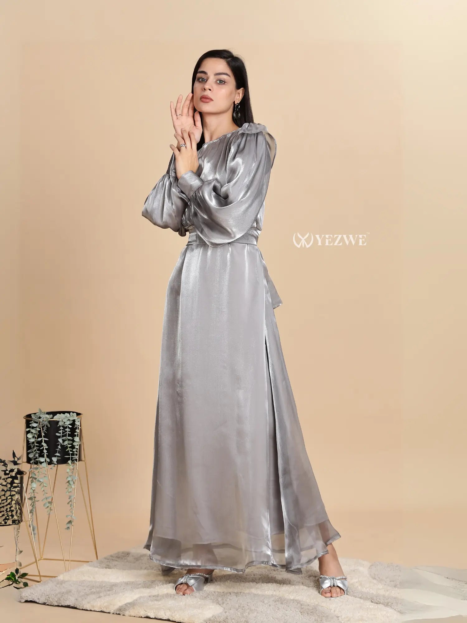 formal silver maxi dress