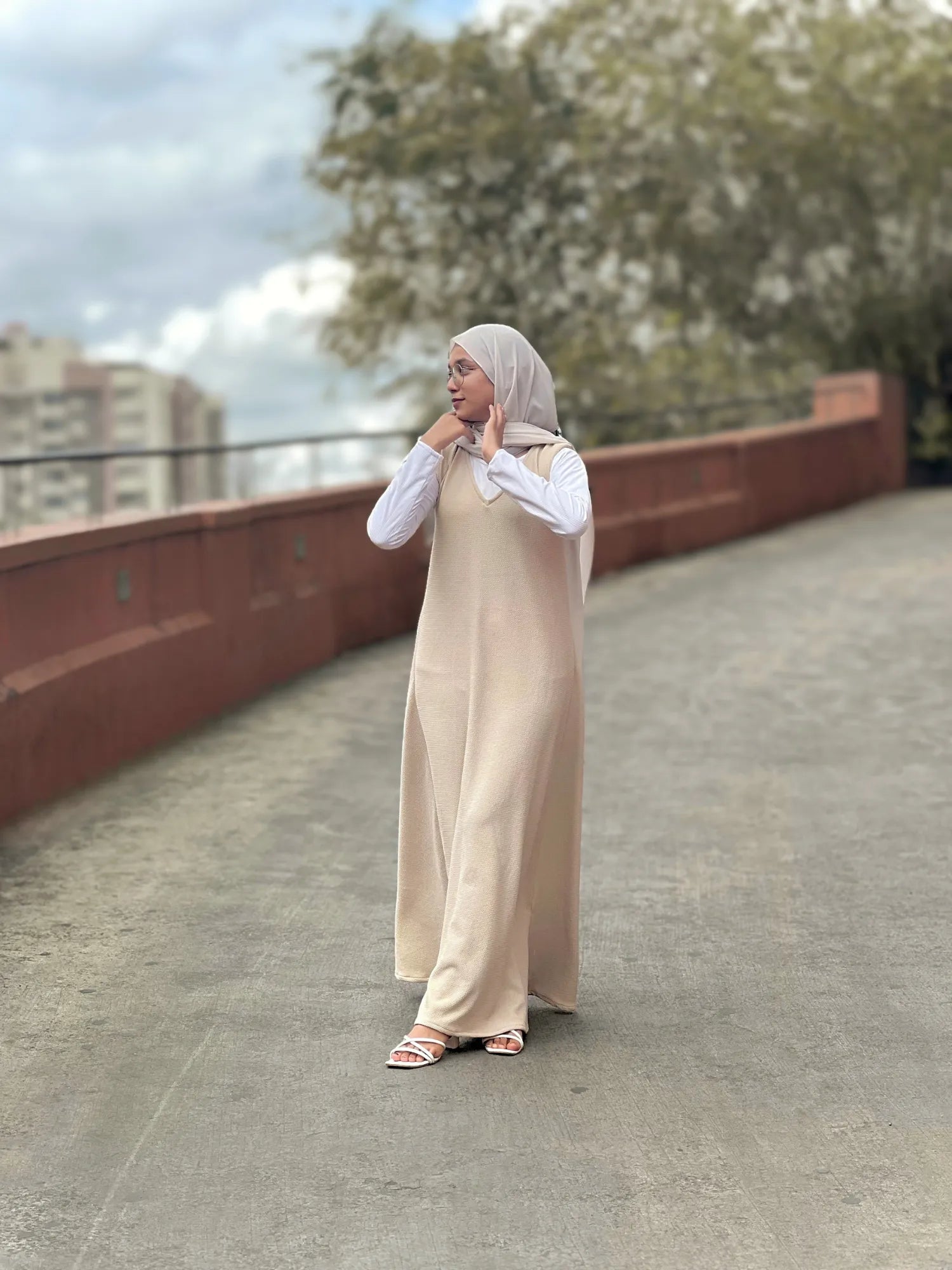 Yezwe Full Length Modest Wear Pinafore Dress in Beige for Everyday Casual Style