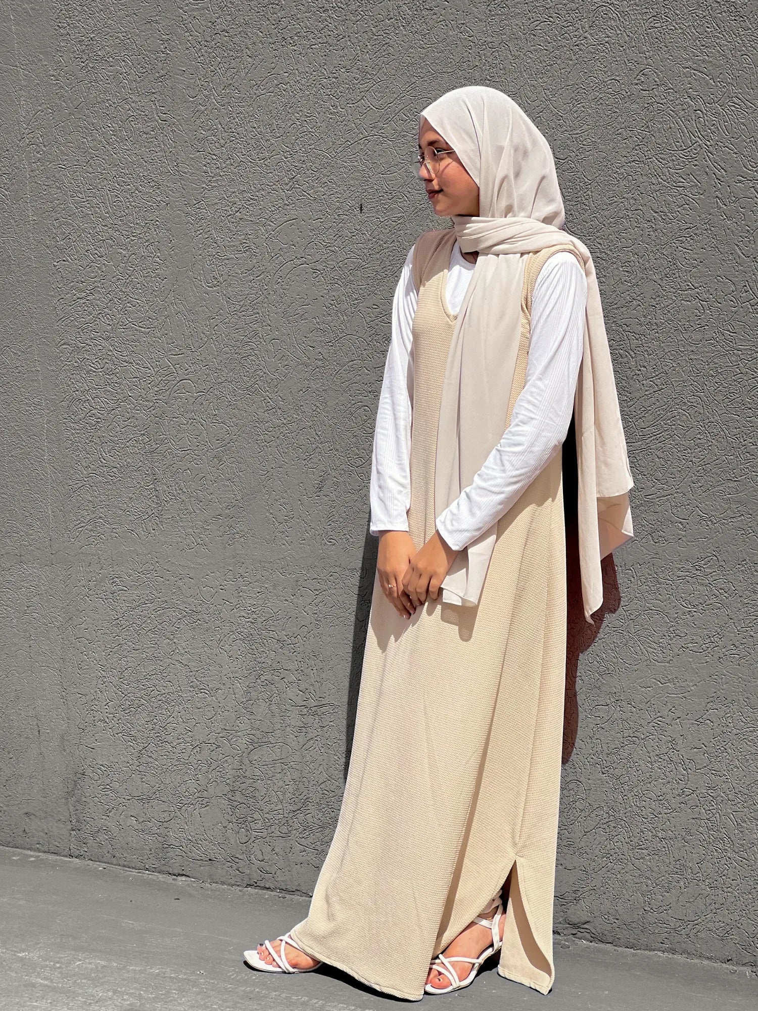 Yezwe Full Length Modest Wear Pinafore in Beige with Side Slits and Matching Scarf