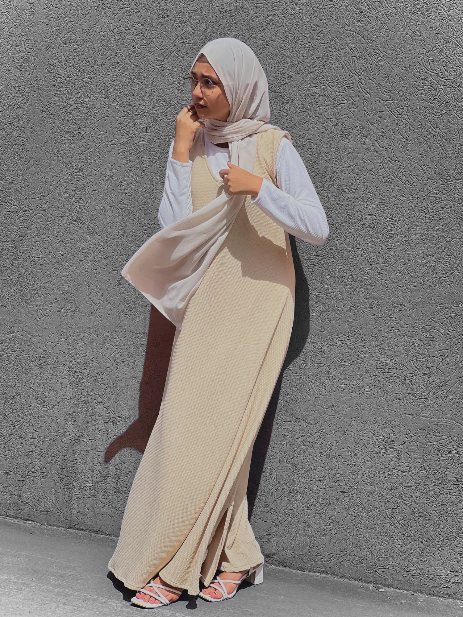 Yezwe Full Length Modest Wear Pinafore Dress in Cream with Long Sleeves and Stylish Design