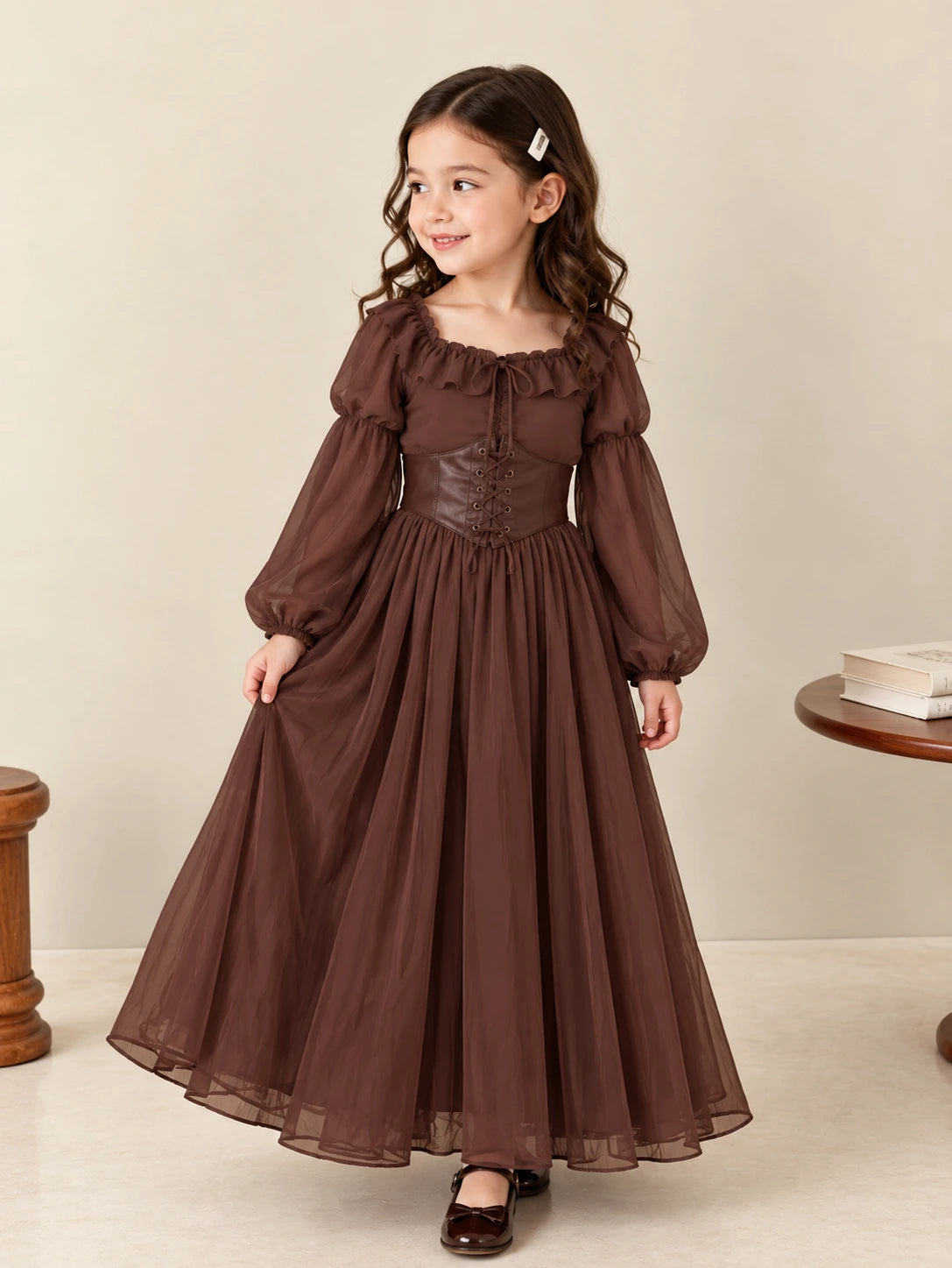 Junior girls chocolate brown corset maxi dress, front view