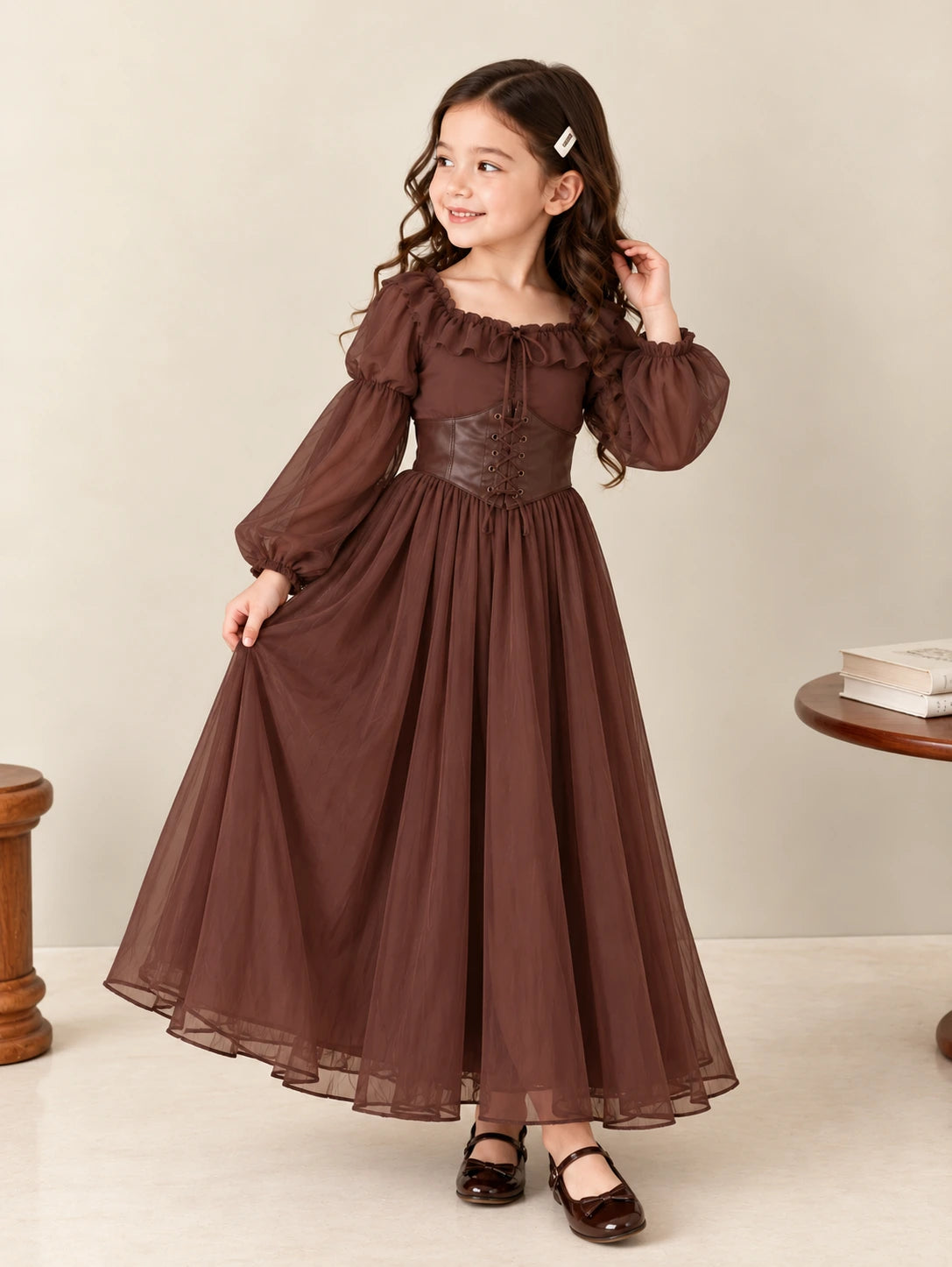 Chocolate brown girls maxi dress with sheer bishop sleeves and puff shoulders