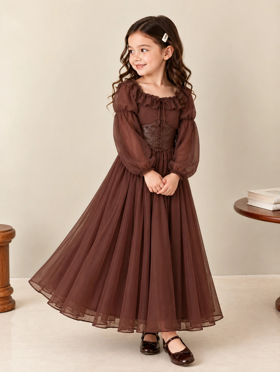 Girls brown georgette maxi dress with flared skirt in motion