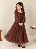 Girls brown georgette maxi dress with flared skirt in motion