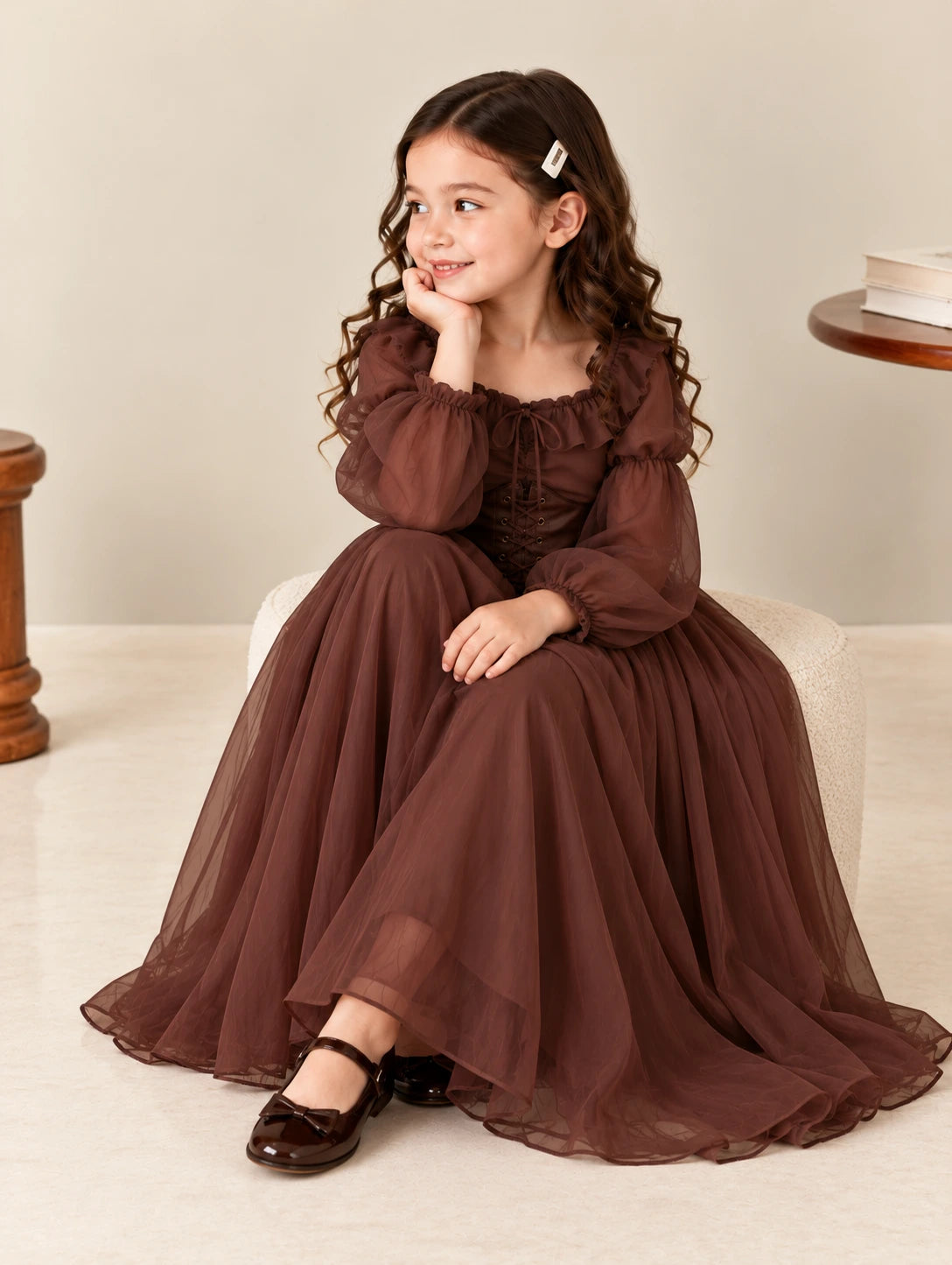 Ruffled neckline and lace-up faux-leather corset waist close-up
