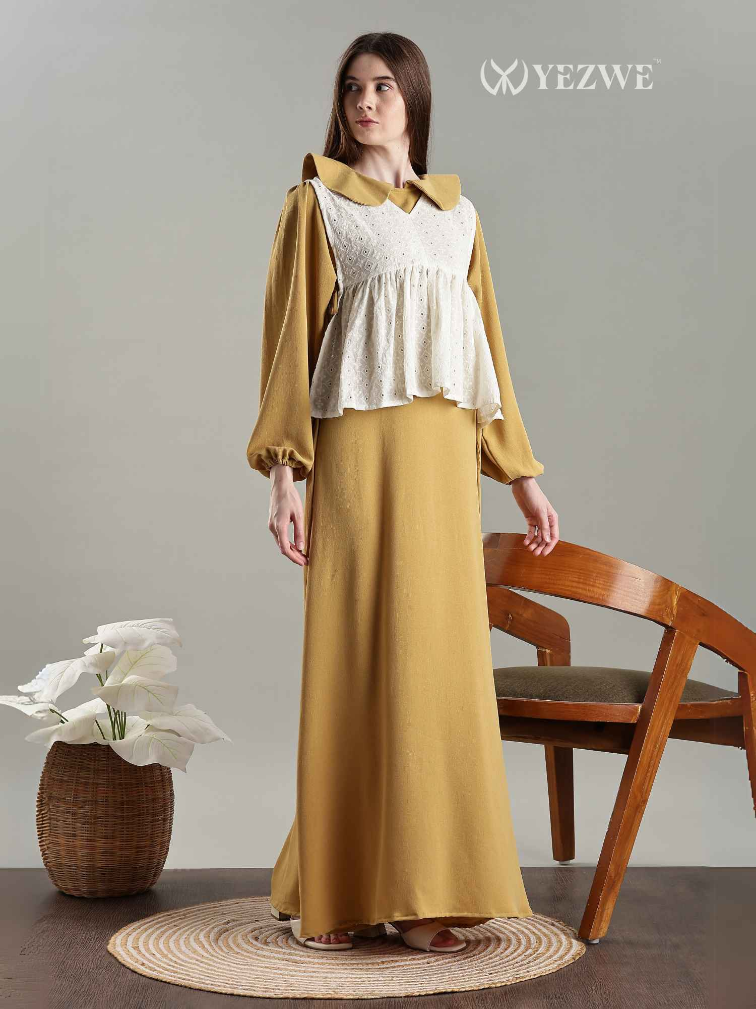 Golden Modest Maxi Dress with Hakoba Shrug, featuring a chic design and elegant silhouette