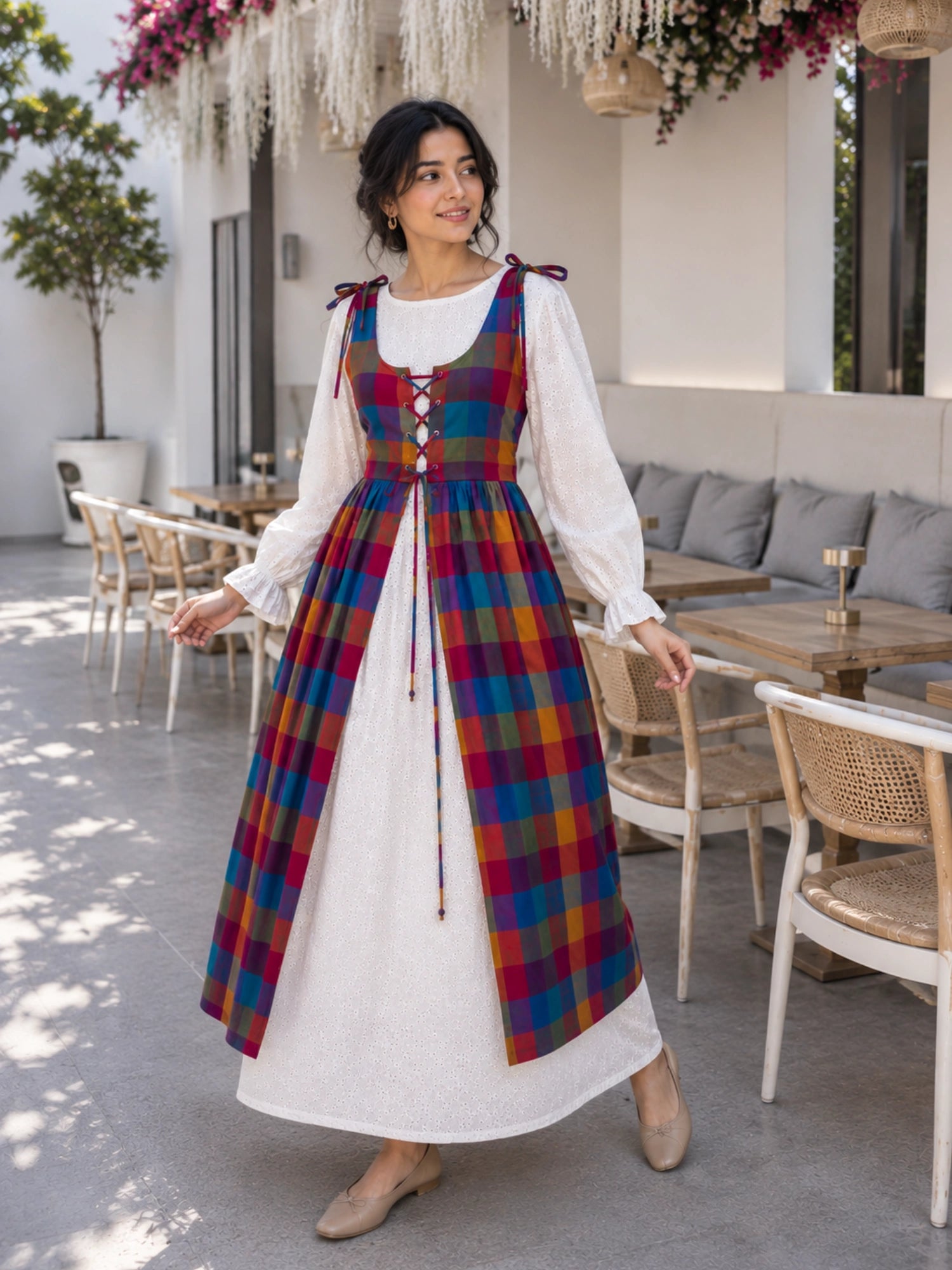 YEZWE Hakoba Dress with Madras Checks Layered Overdress Shrug in a stylish outdoor setting