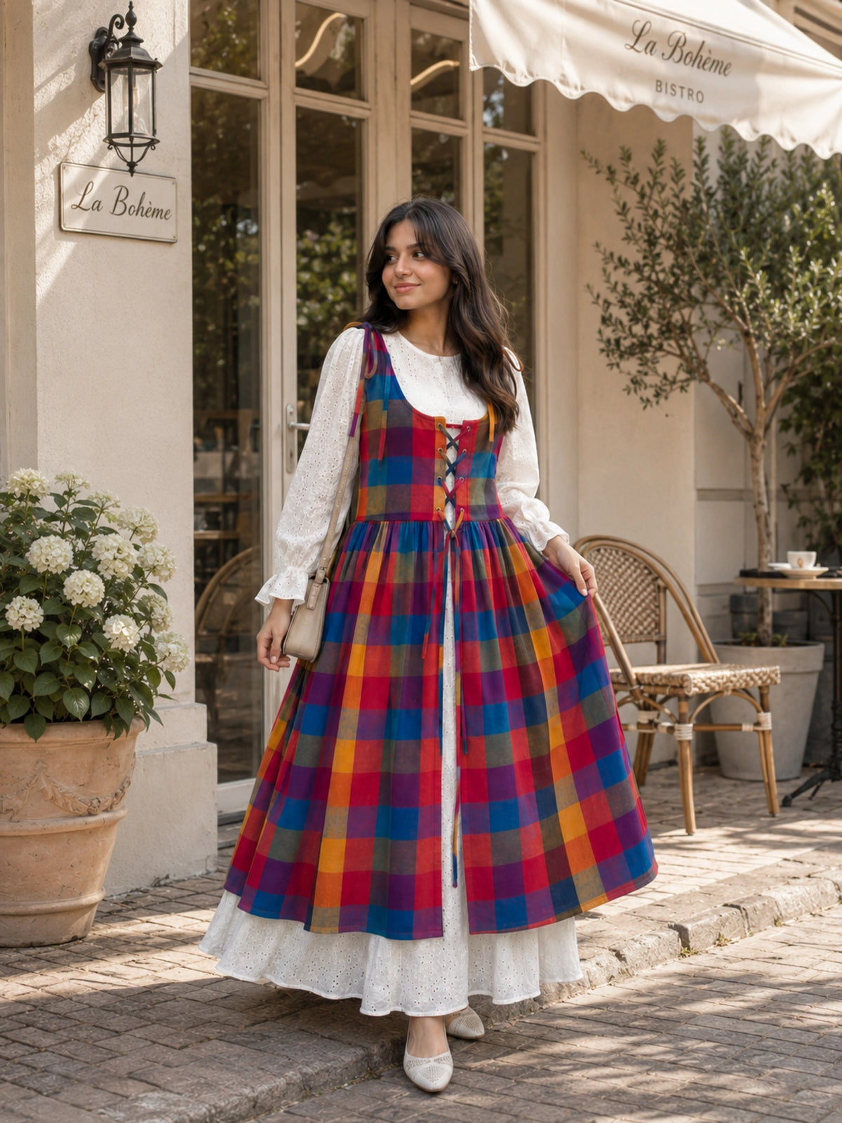YEZWE Hakoba Dress with Madras Checks Layered Overdress Shrug in vibrant colors, perfect for stylish outings
