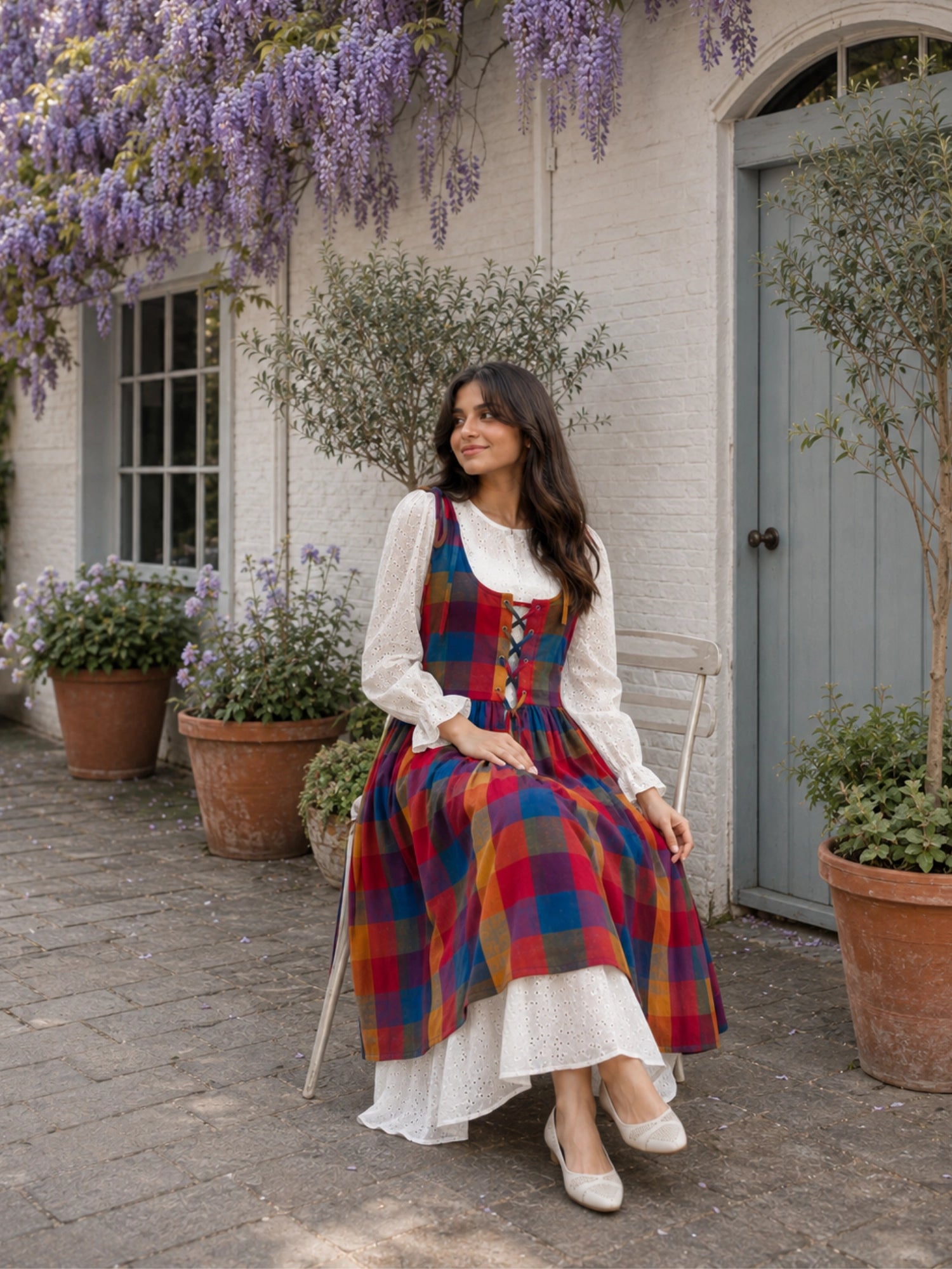 YEZWE Hakoba Dress with Madras Checks Layered Overdress Shrug for a stylish and comfortable summer look