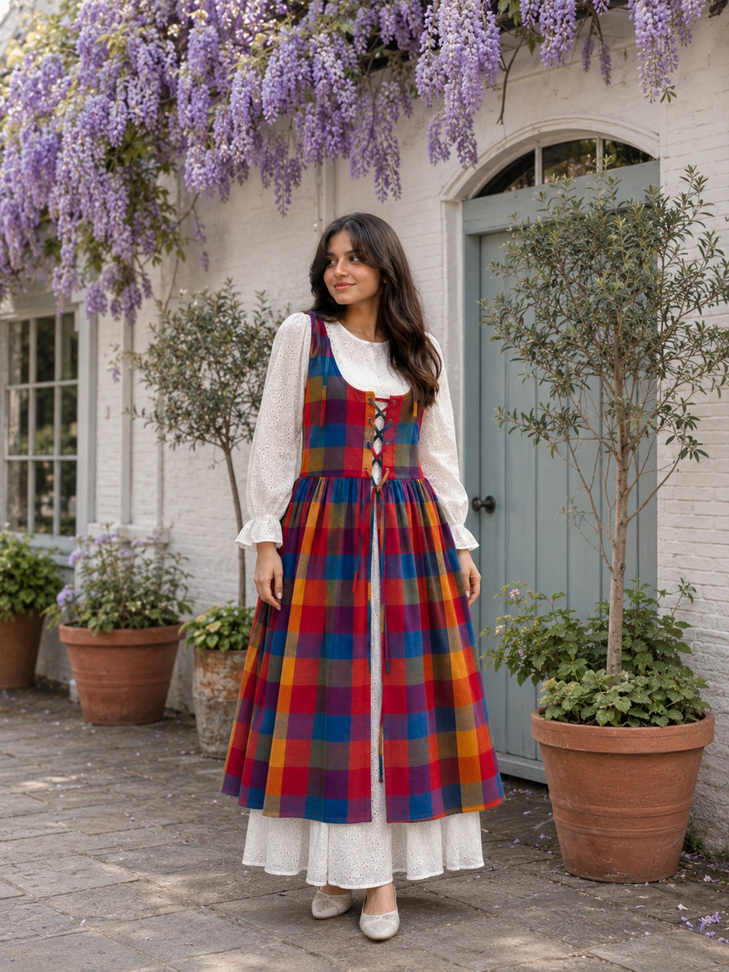 YEZWE Hakoba Dress with Madras Checks Layered Overdress Shrug in Vibrant Multicolor Check Pattern