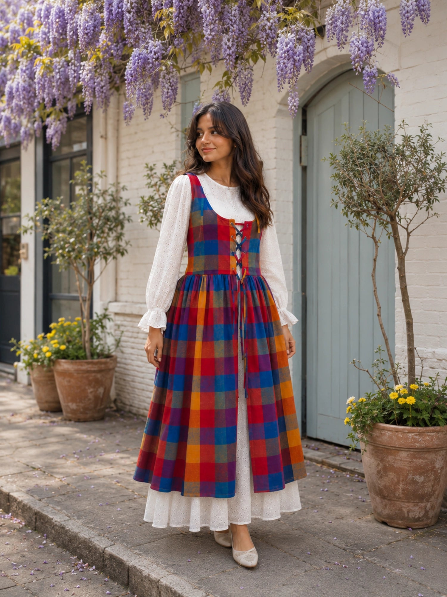 YEZWE Hakoba Dress with Madras Checks Layered Overdress Shrug in vibrant colors, perfect for casual outings