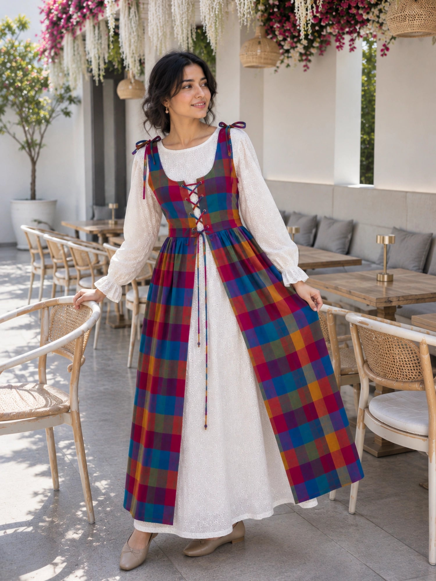 YEZWE Hakoba Dress with Madras Checks Layered Overdress Shrug for a stylish and elegant look