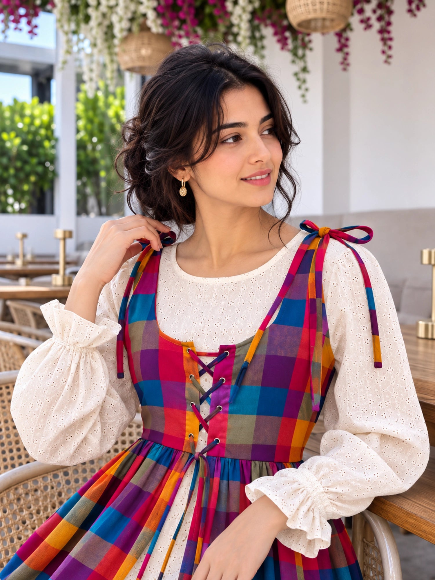 YEZWE Hakoba Dress with Madras Checks Layered Overdress Shrug featuring a colorful design and stylish sleeves