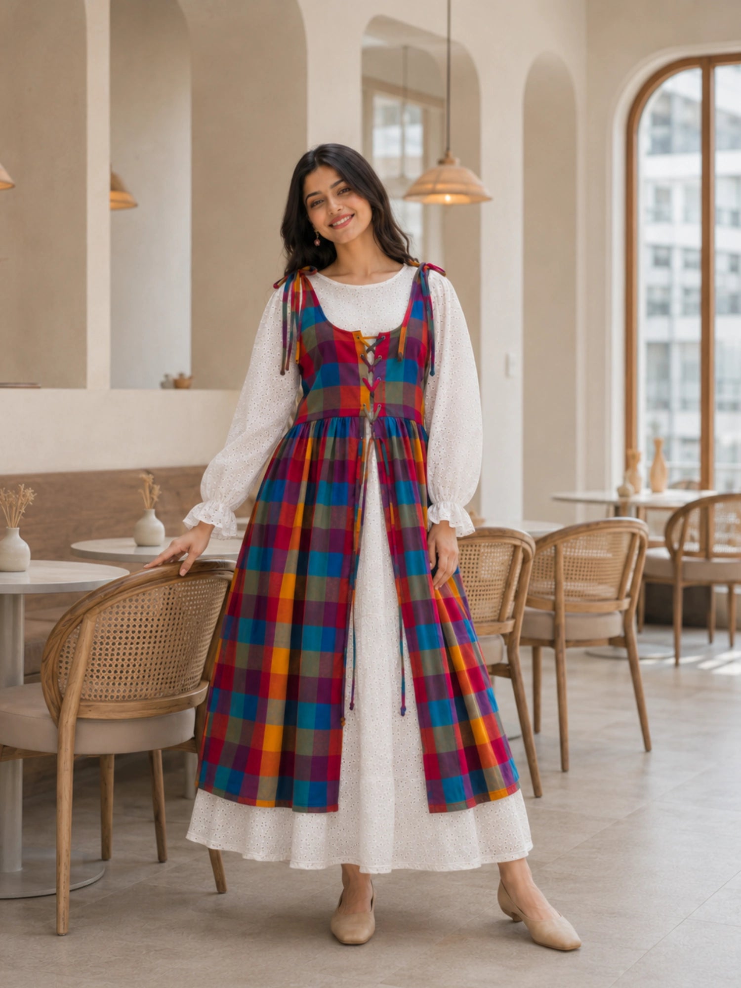 YEZWE Hakoba Dress with Madras Checks Layered Overdress Shrug shown in a stylish cafe setting