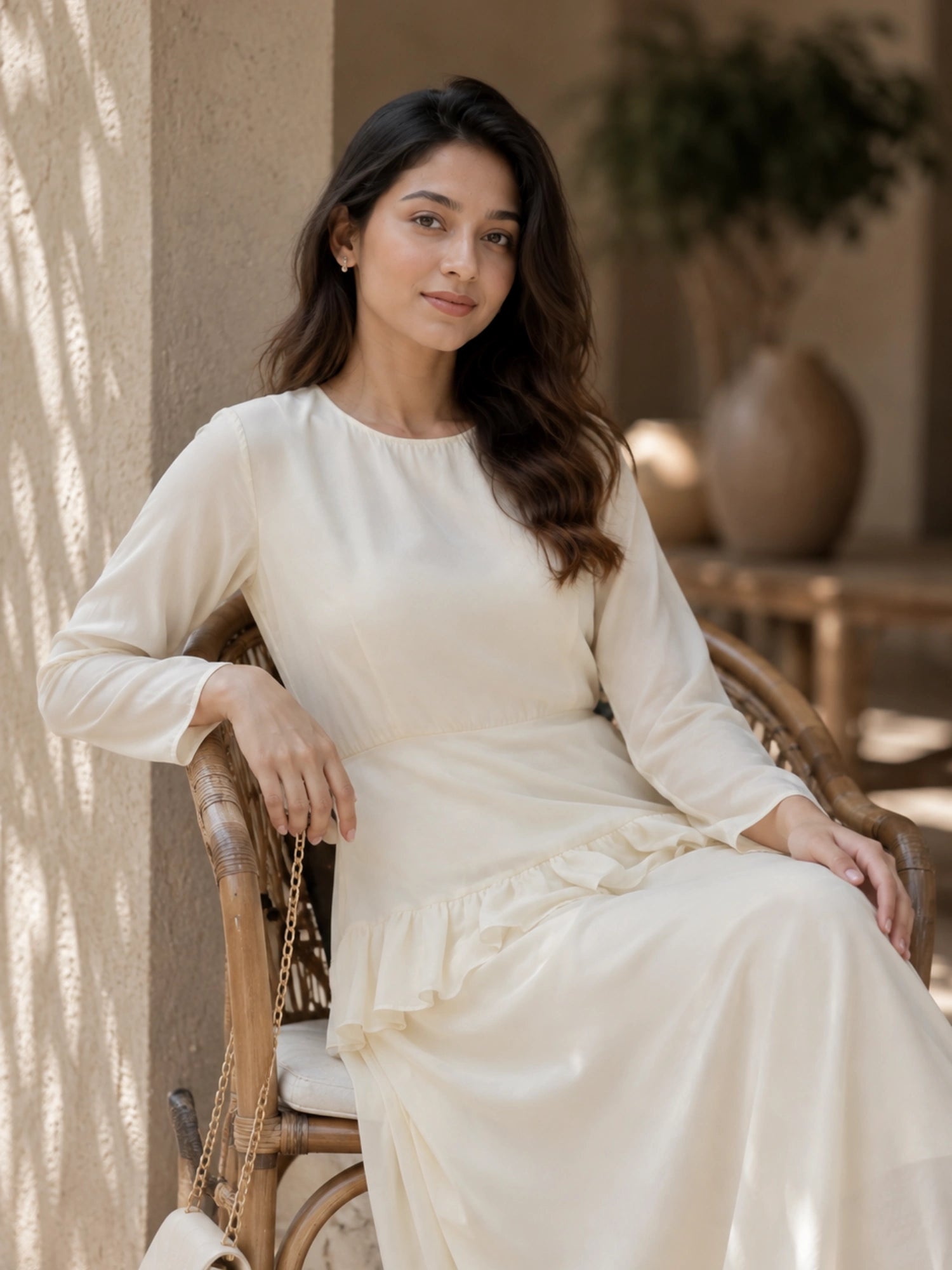 YEZWE Ivory Faux Georgette Asymmetric Ruffle Maxi Dress worn by a model sitting elegantly in a chair