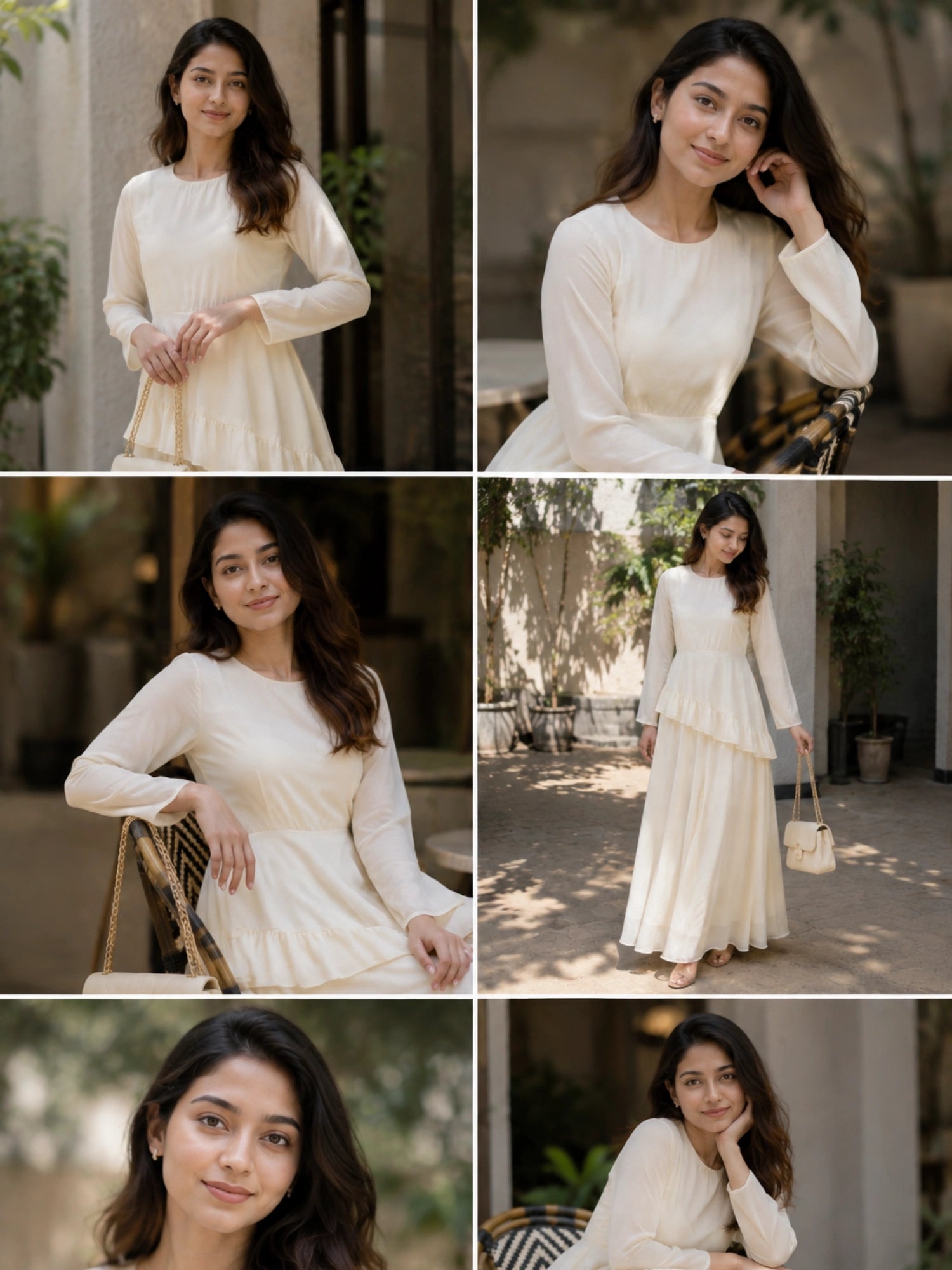 YEZWE Ivory Faux Georgette Asymmetric Ruffle Maxi Dress with Long Sleeves for Elegant Style