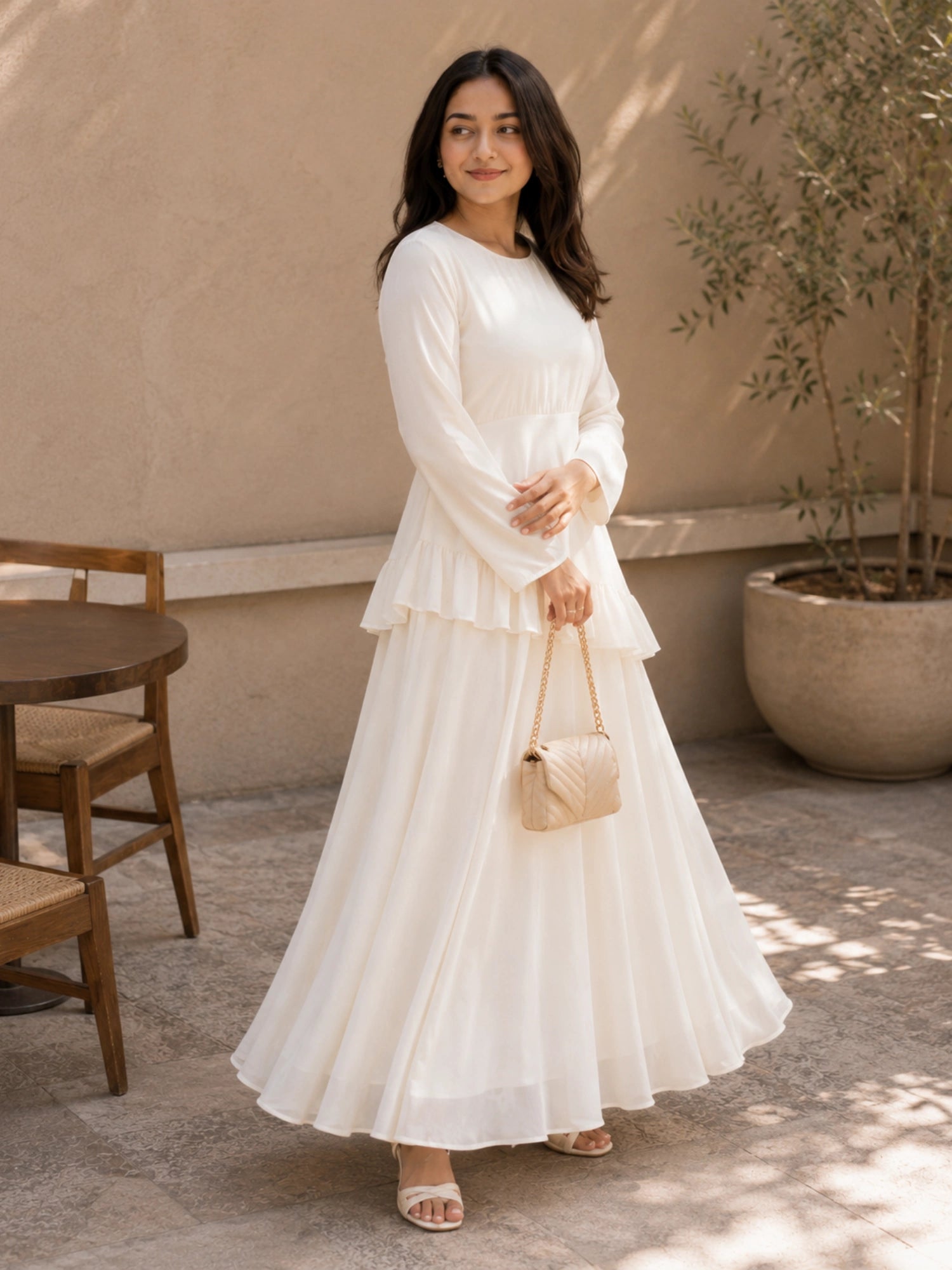 YEZWE Ivory Faux Georgette Asymmetric Ruffle Maxi Dress with long sleeves and elegant tiered design