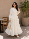 Stylish Ivory Faux Georgette Asymmetric Ruffle Maxi Dress with long sleeves and flared skirt