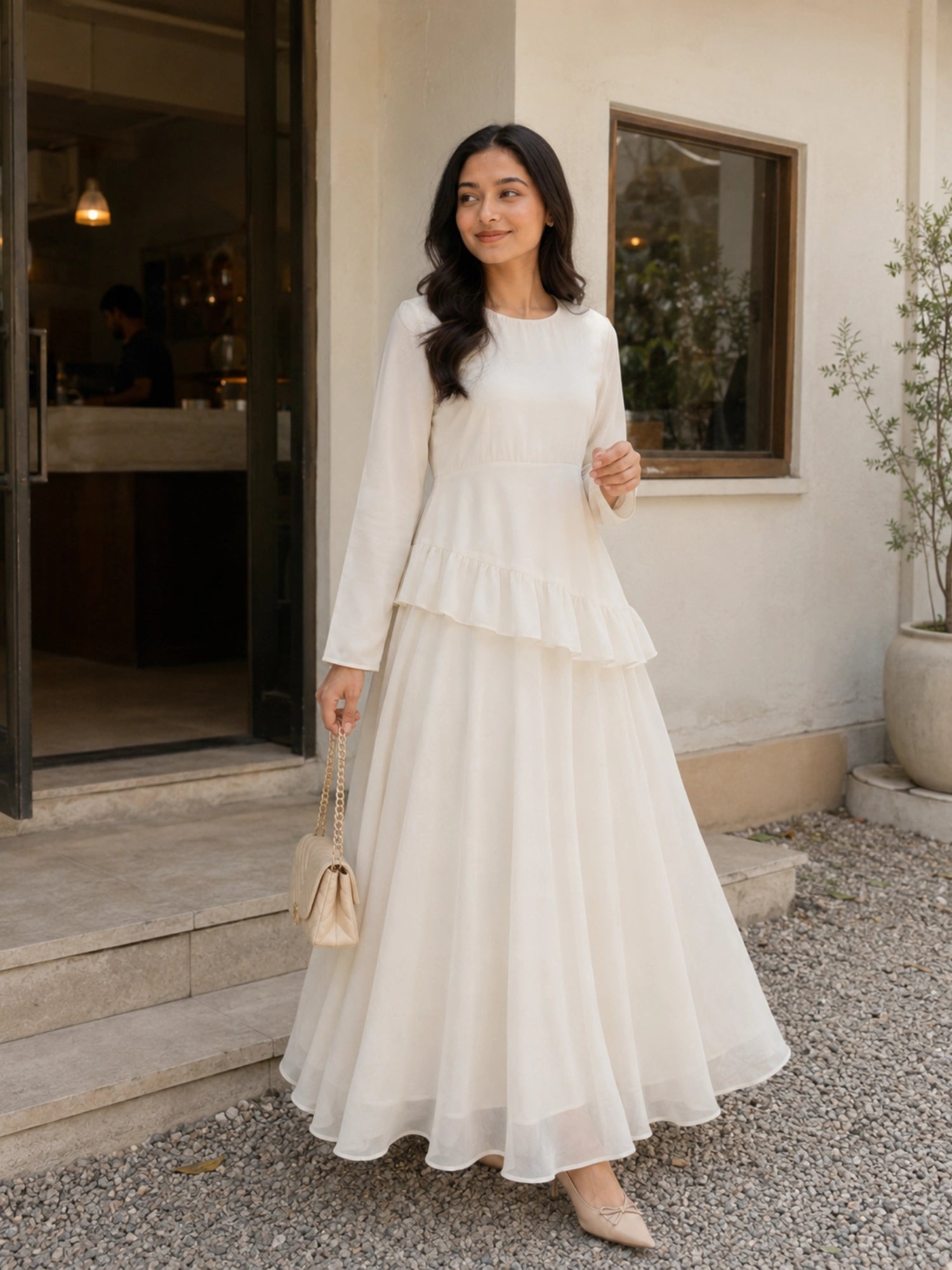 YEZWE Ivory Faux Georgette Asymmetric Ruffle Maxi Dress with Long Sleeves and Flowy Skirt