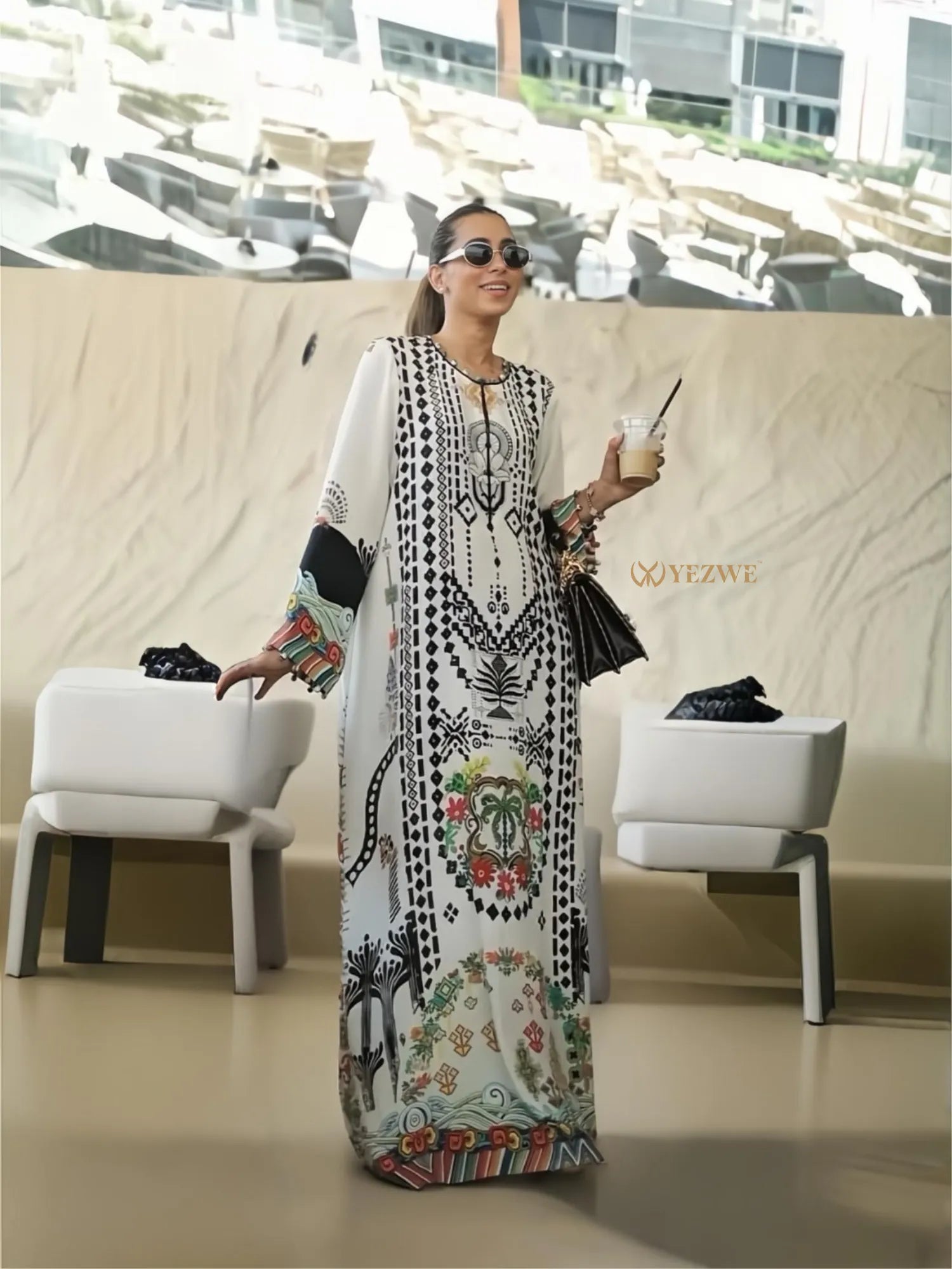 YEZWE Jalabiya Maxi Dress in White with Colorful Floral and Geometric Prints for Stylish Outings