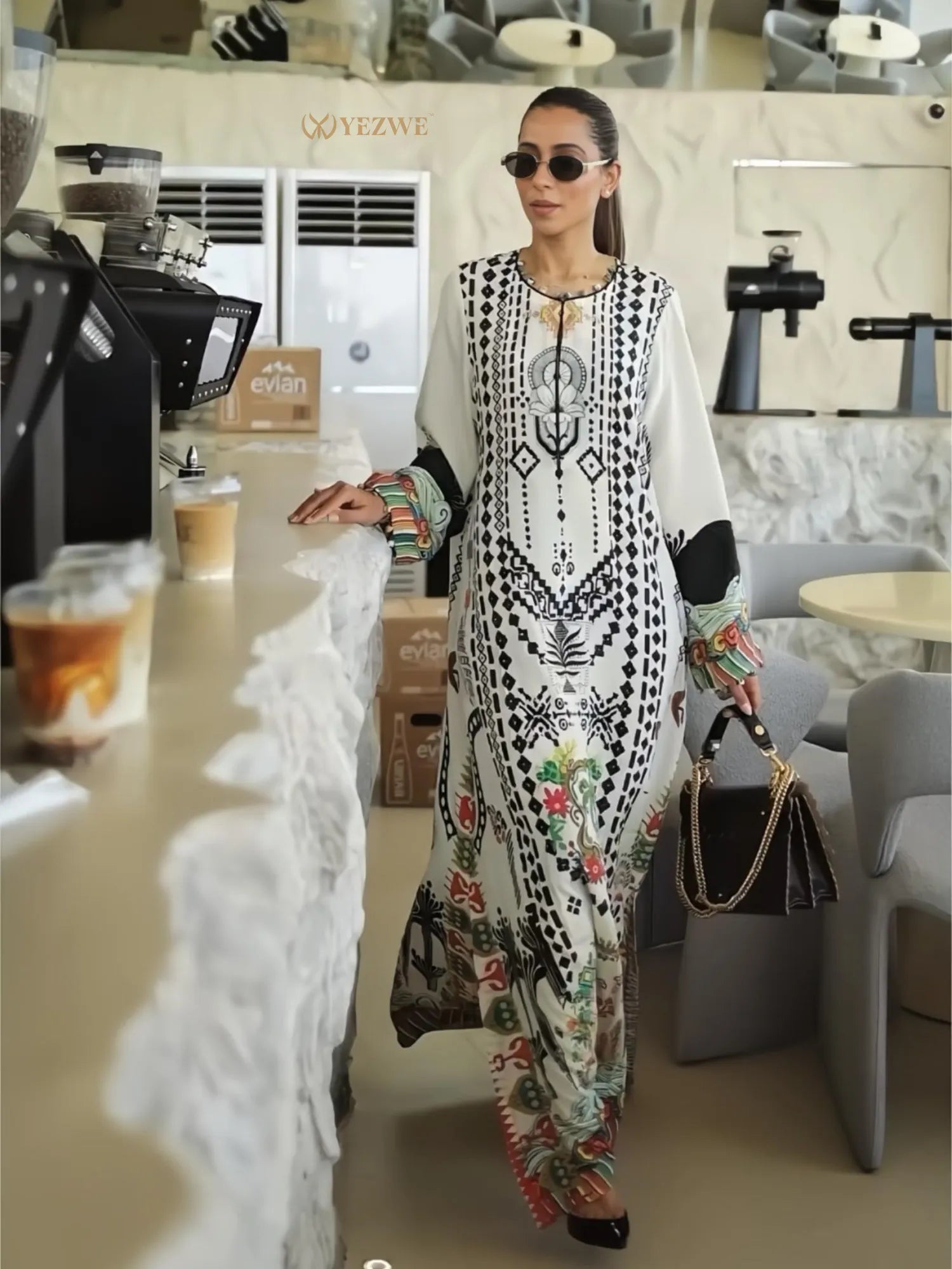 YEZWE Jalabiya Maxi Dress with colorful floral patterns and stylish long sleeves, perfect for casual outings