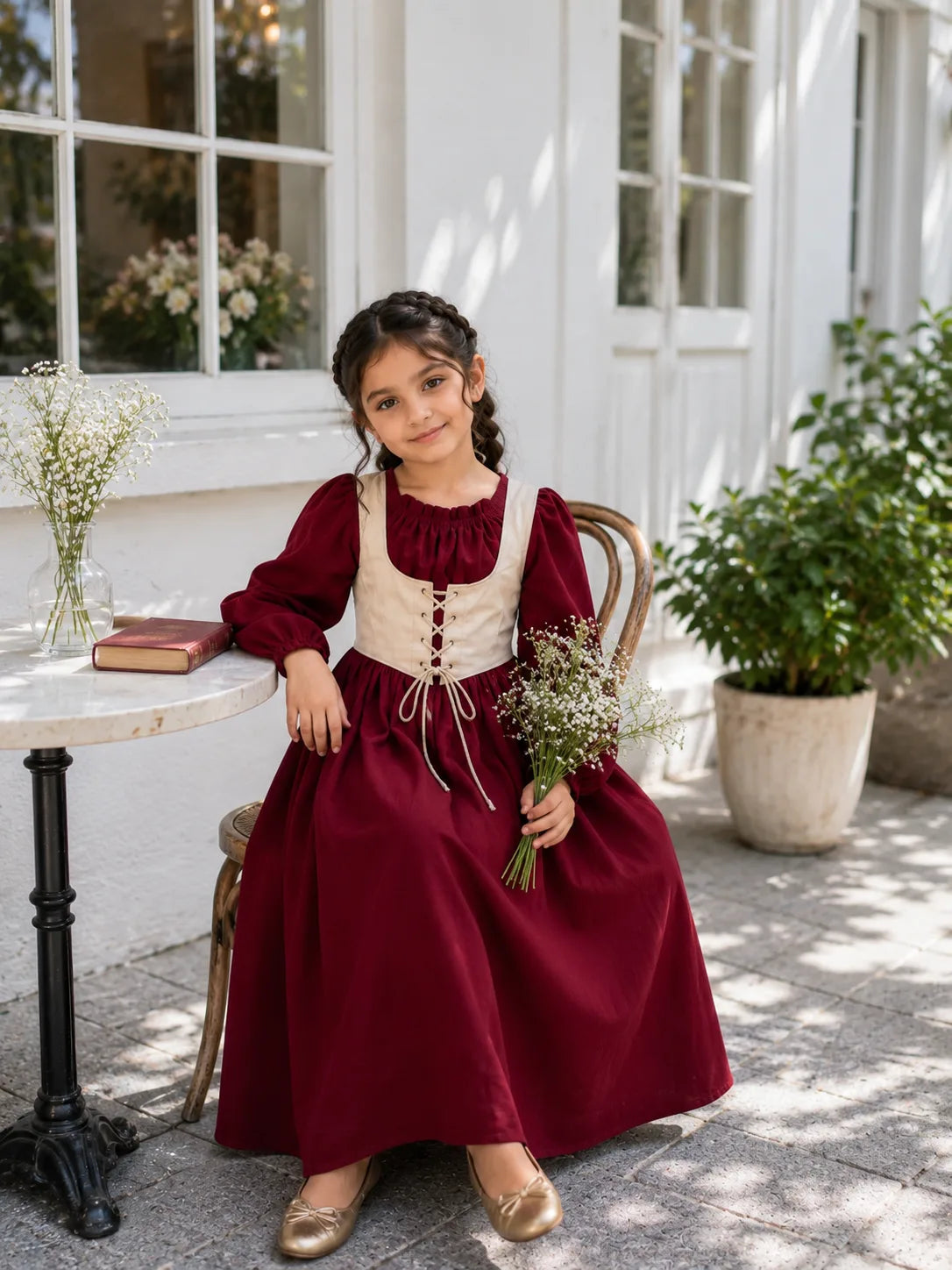 Junior Girls Maroon Cotton Dress CoRset Style Breathable Kids Wear India with Long Sleeves and Cute Accessories