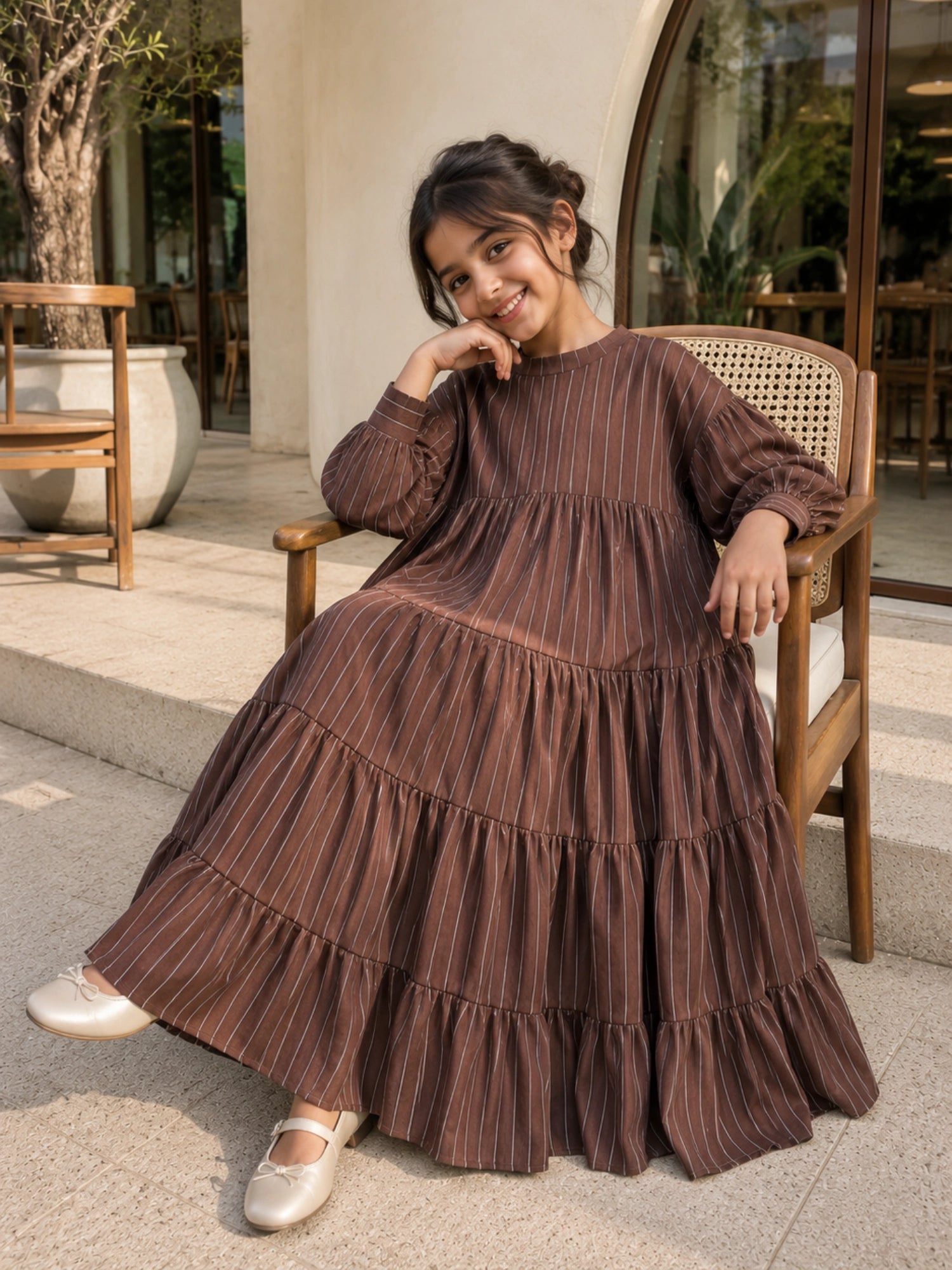 Junior girls modest maxi dress by YEZWE in brown with striped tiers for a stylish, comfortable look