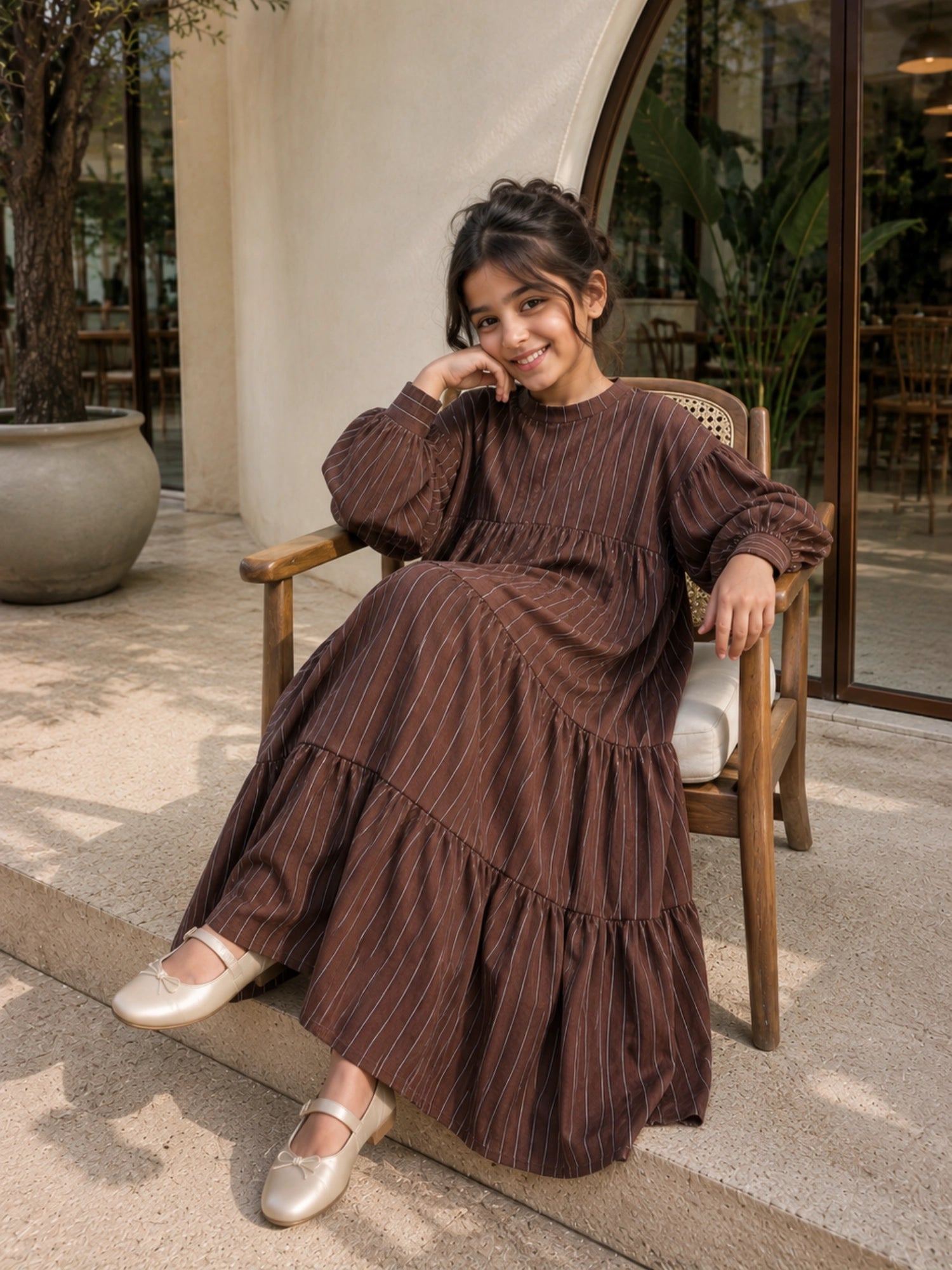 YEZWE junior girls modest maxi dress in brown with striped design and tiered style for comfortable wear