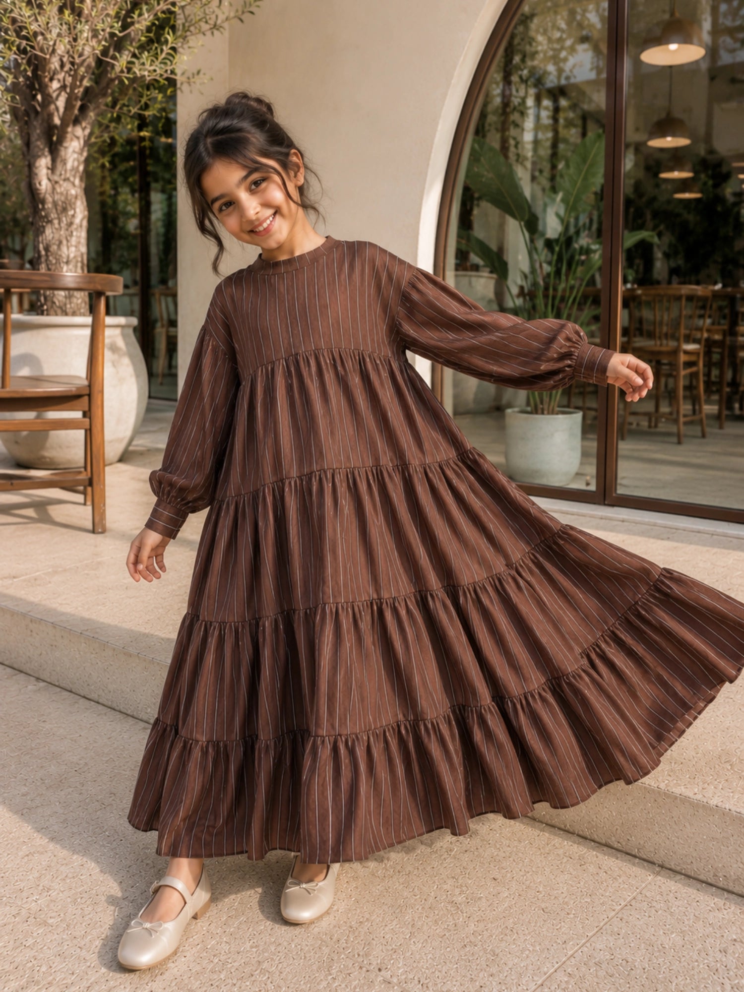 YEZWE junior girls modest maxi dress in brown with tiered design, perfect for casual outings