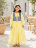 Junior Girls Pastel Yellow Corset Maxi Dress with Denim Bodice, perfect for special occasions and summer outings