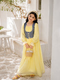 Junior Girls Pastel Yellow Corset Maxi Dress with Denim Bodice, perfect for summer outings and special occasions