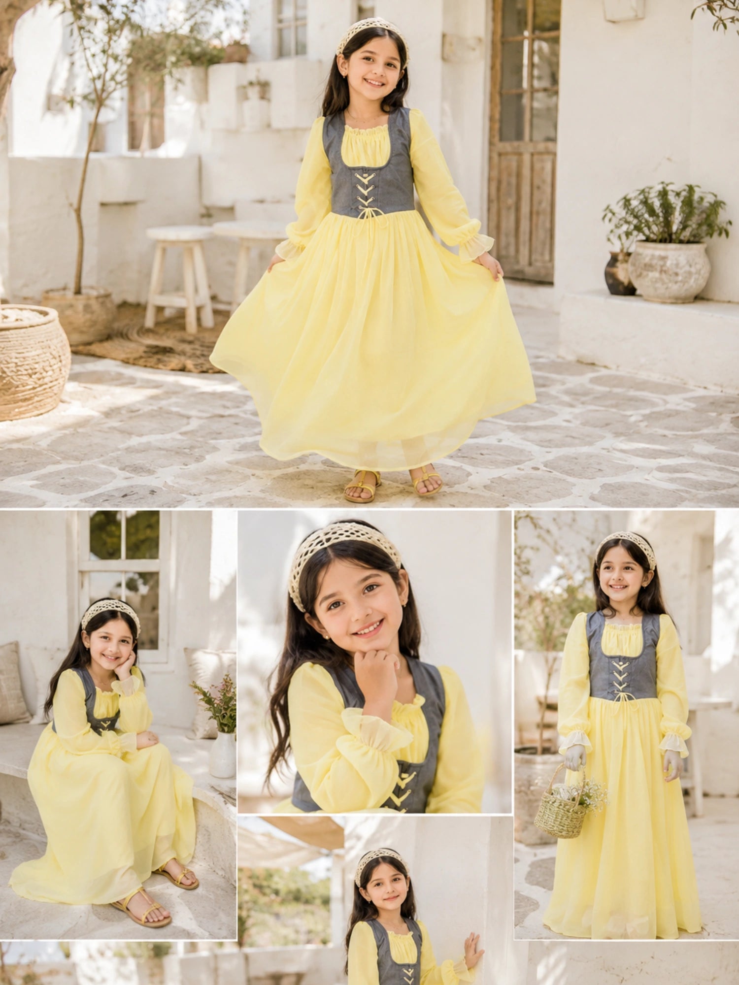 Junior Girls Pastel Yellow Corset Maxi Dress with Denim Bodice featuring long sleeves and flowy skirt