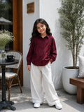 Junior Girls Wine Bow Shirt & Wide Leg Pants Co-Ord Set | Pinterest Kids Fashion styled outdoors in a café
