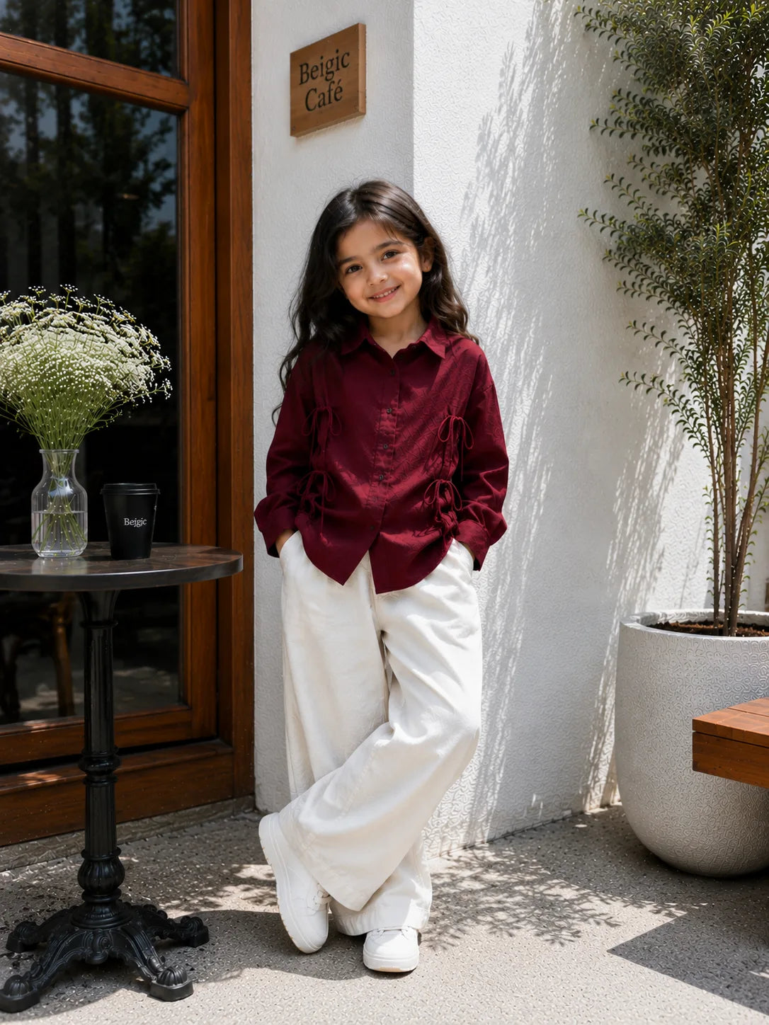 Junior Girls Wine Bow Shirt & Wide Leg Pants Co-Ord Set in a stylish café setting
