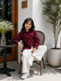 Junior Girls Wine Bow Shirt & Wide Leg Pants Co-Ord Set styled casually at a café with a chic look